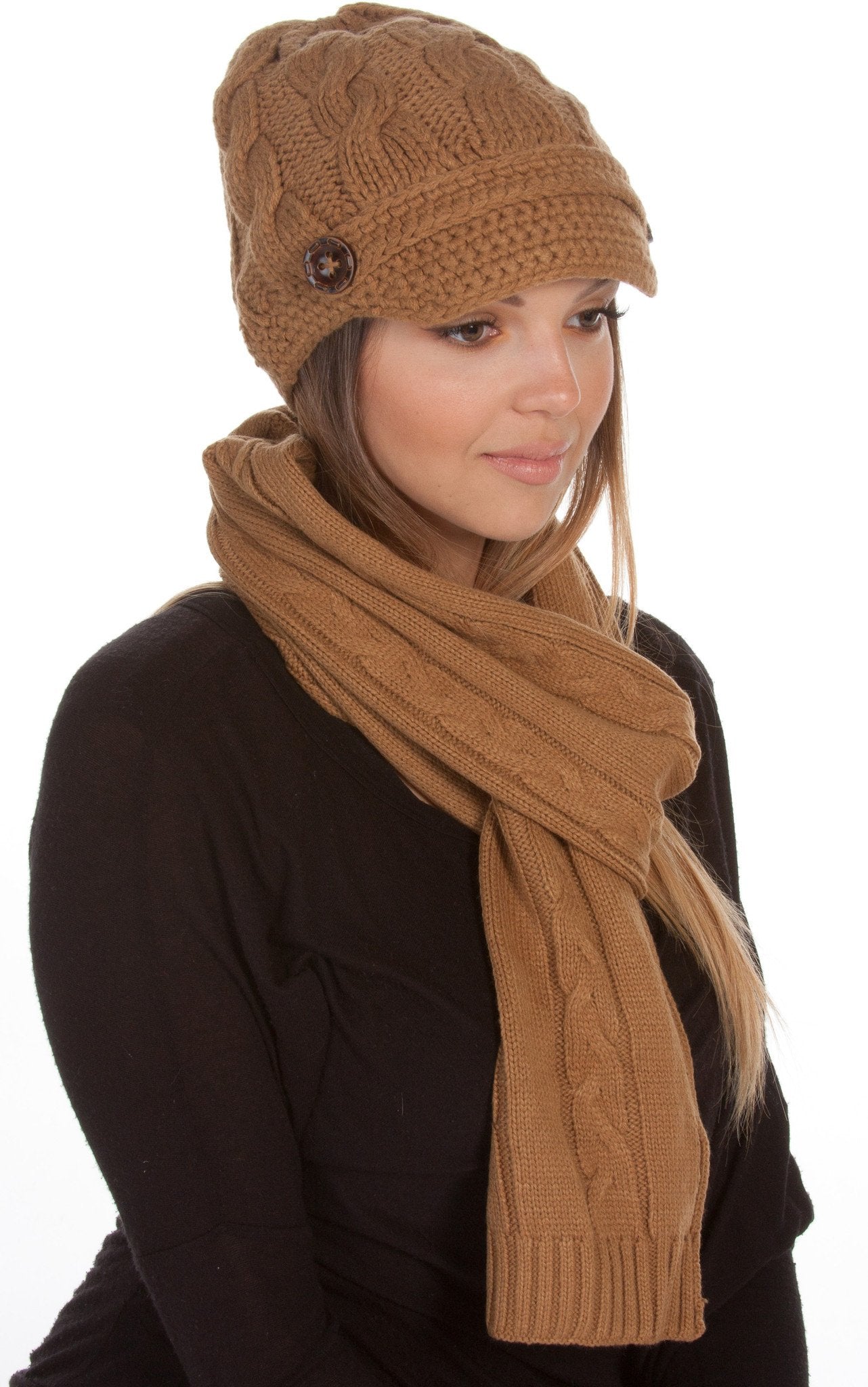 Conjunto de gorro, bufanda y visera de punto con cable y botón para mujer de Sakkas (2 piezas)