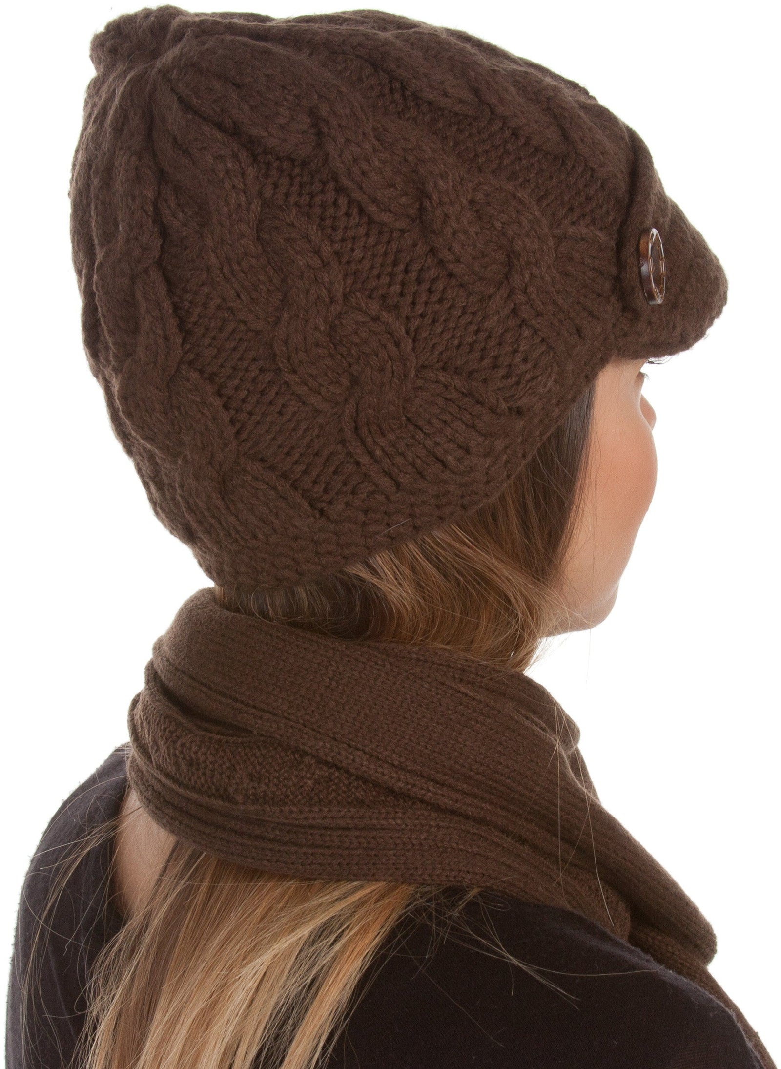 Conjunto de gorro, bufanda y visera de punto con cable y botón para mujer de Sakkas (2 piezas)