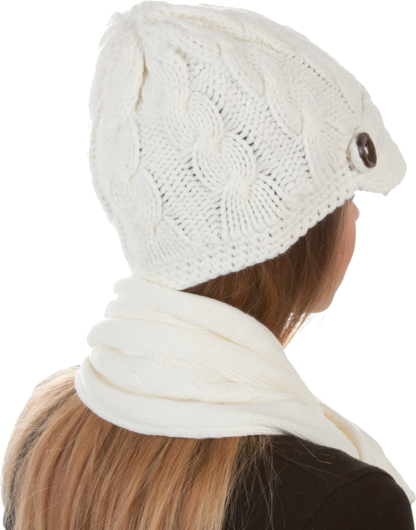 Conjunto de gorro, bufanda y visera de punto con cable y botón para mujer de Sakkas (2 piezas)