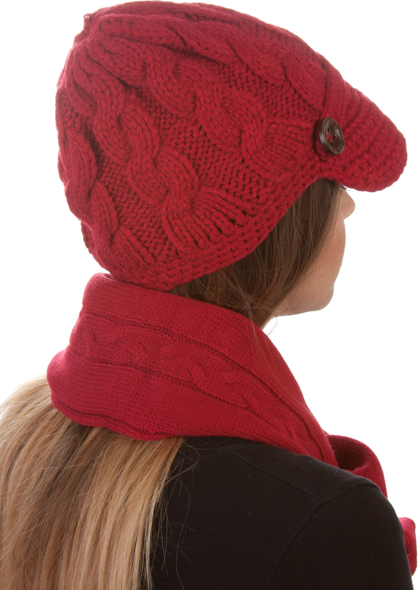 Conjunto de gorro, bufanda y visera de punto con cable y botón para mujer de Sakkas (2 piezas)