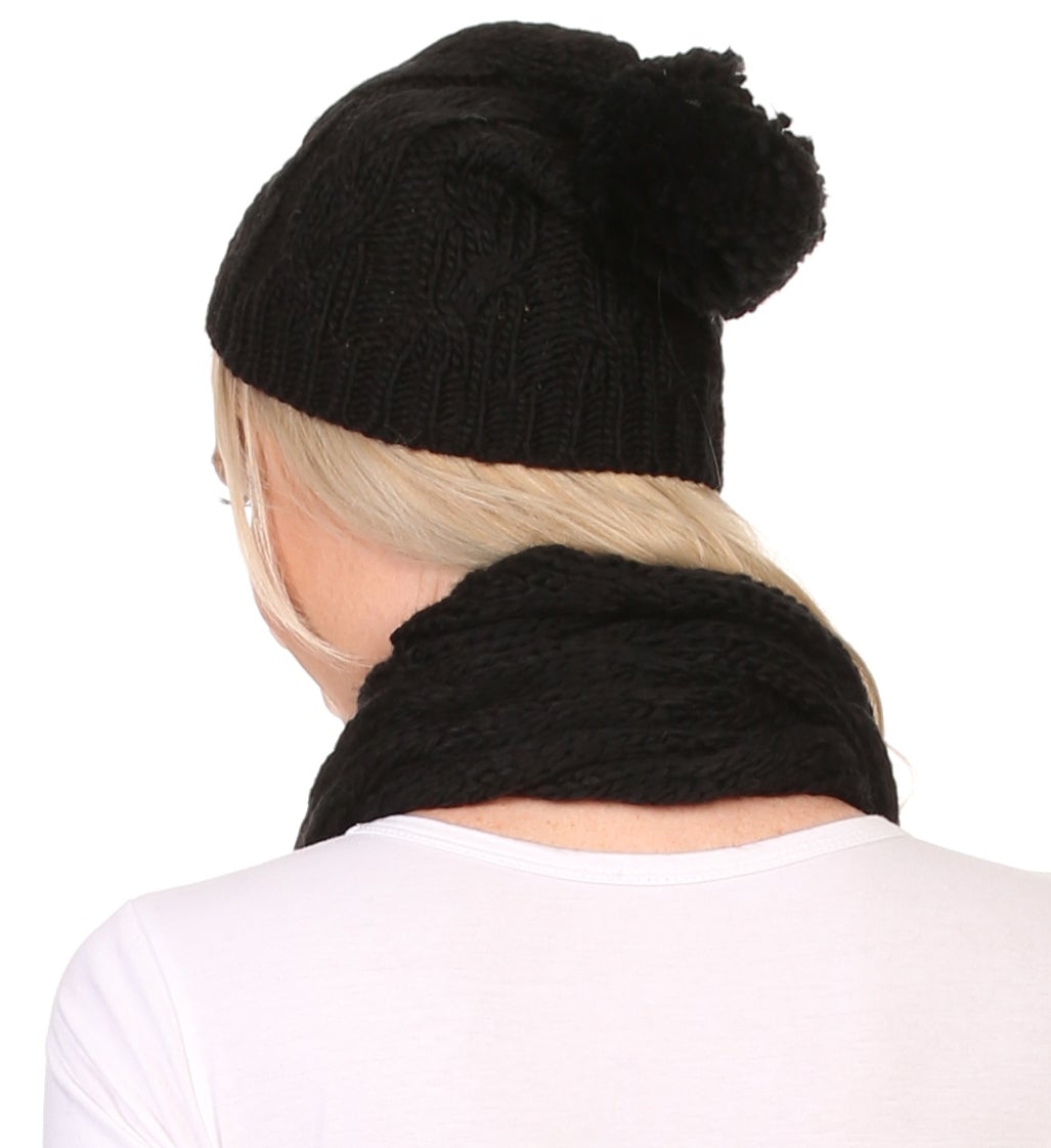 Conjunto de gorro y bufanda unisex Sakkas Aaric con pompón de punto trenzado