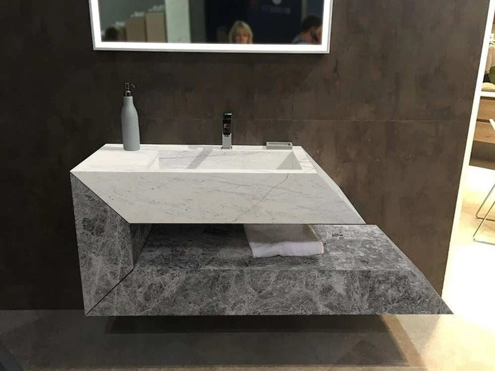 Lavabo de baño de diseño de mármol blanco imperial y gris tundra para montaje en pared (ancho) 18" (largo) 32" (alto) 24"
