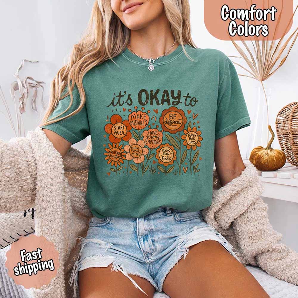 It’s Okay Boho Floral Comfort Colors Tee – Vintage Wildflower Shirt for Women