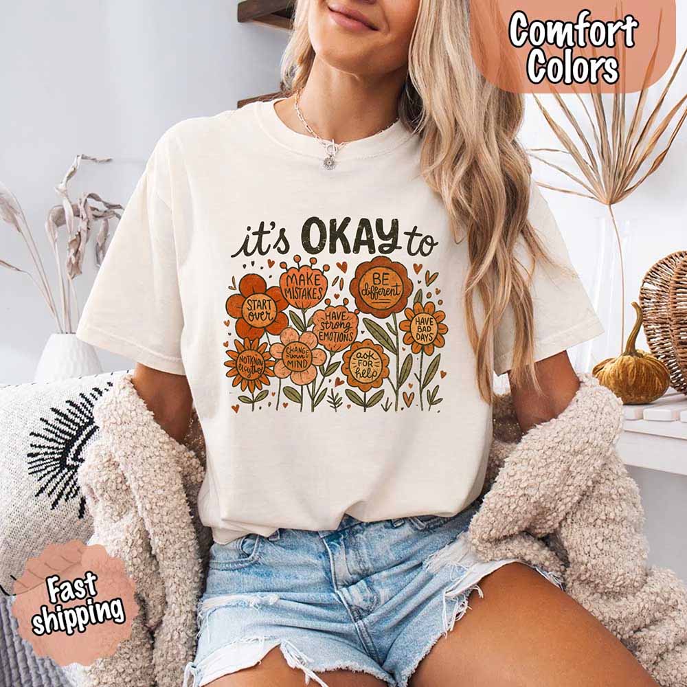 It’s Okay Boho Floral Comfort Colors Tee – Vintage Wildflower Shirt for Women