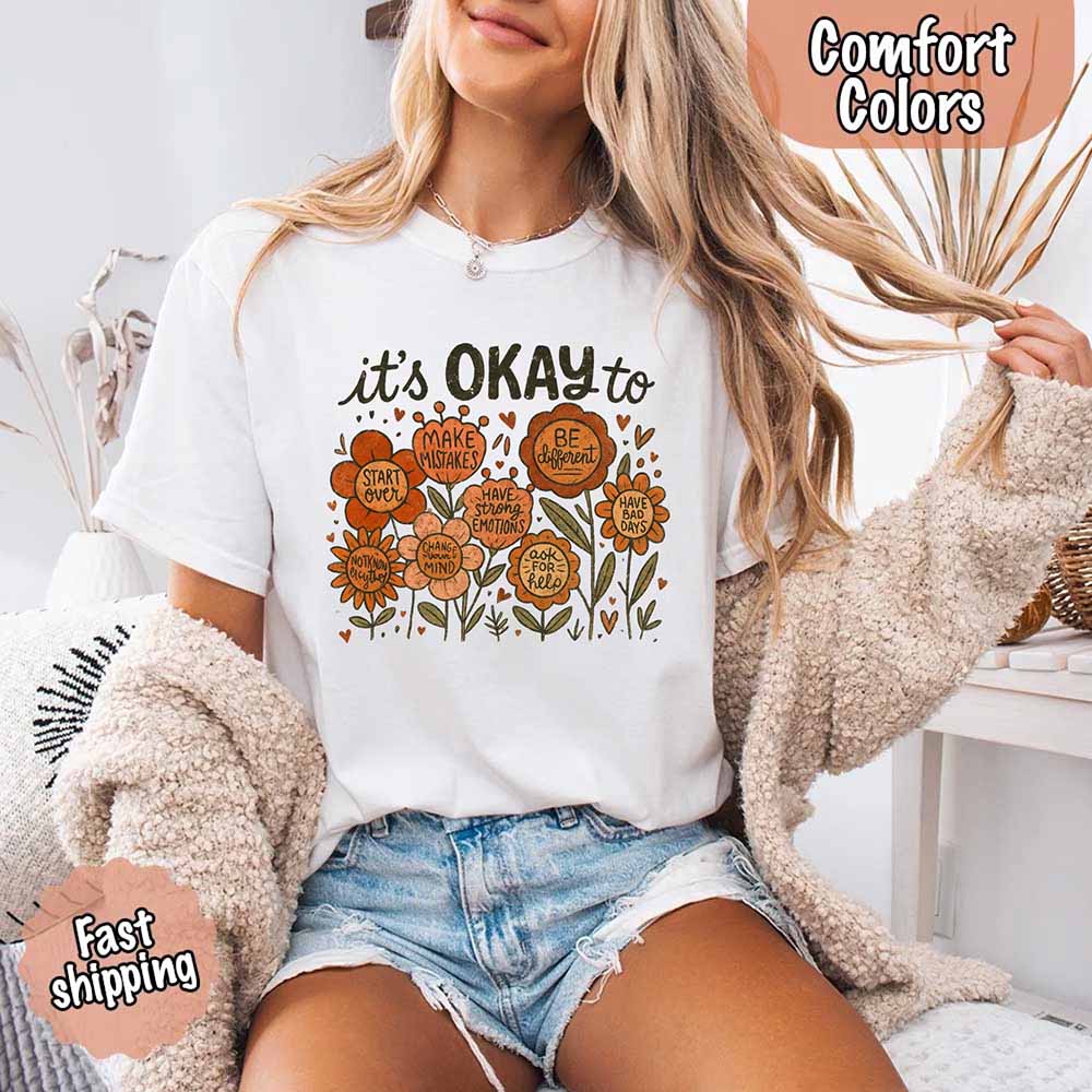 It’s Okay Boho Floral Comfort Colors Tee – Vintage Wildflower Shirt for Women