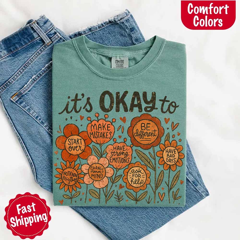 It’s Okay Boho Floral Comfort Colors Tee – Vintage Wildflower Shirt for Women