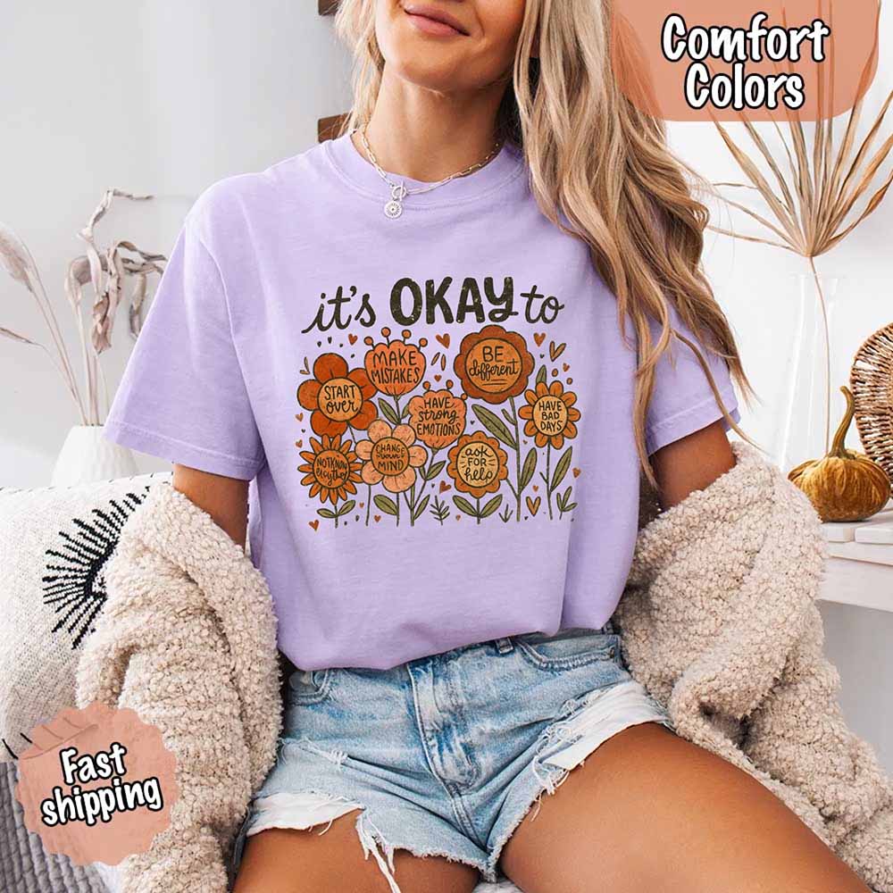 It’s Okay Boho Floral Comfort Colors Tee – Vintage Wildflower Shirt for Women