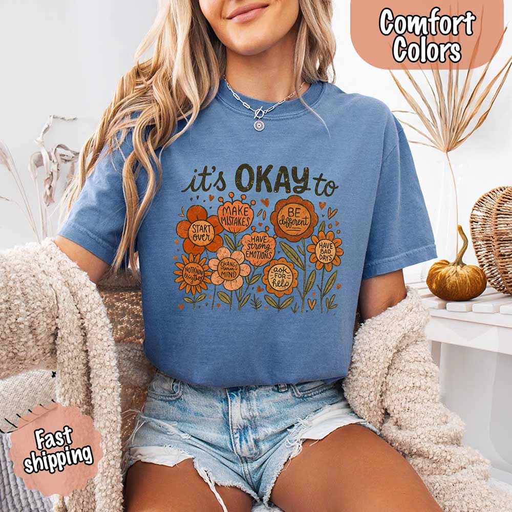 It’s Okay Boho Floral Comfort Colors Tee – Vintage Wildflower Shirt for Women