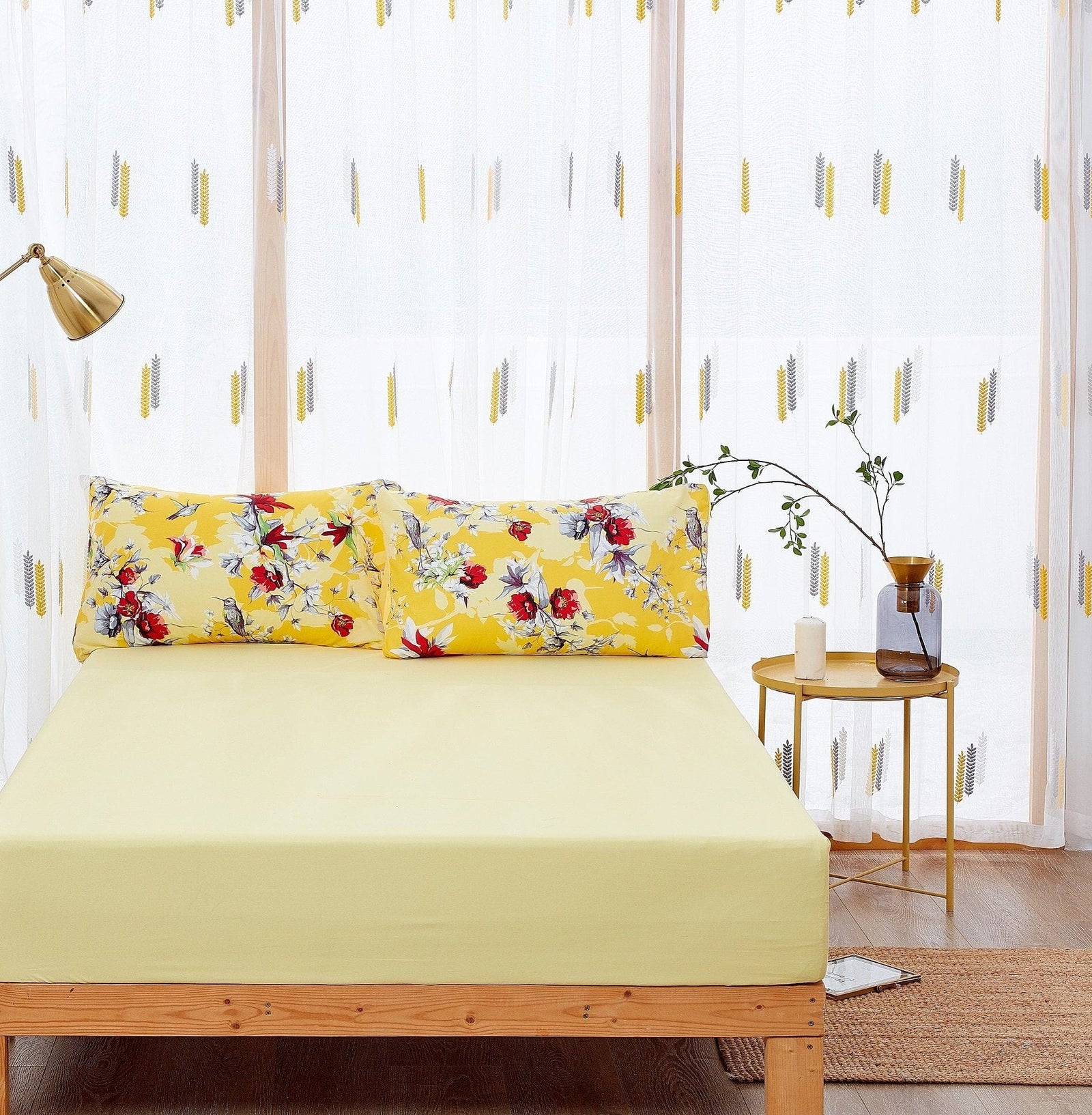 DaDa Bedding Bed in a Bag Bundle Set - Radiant Sunshine Yellow Hummingbirds Floral Bedding Set (JHW-925)