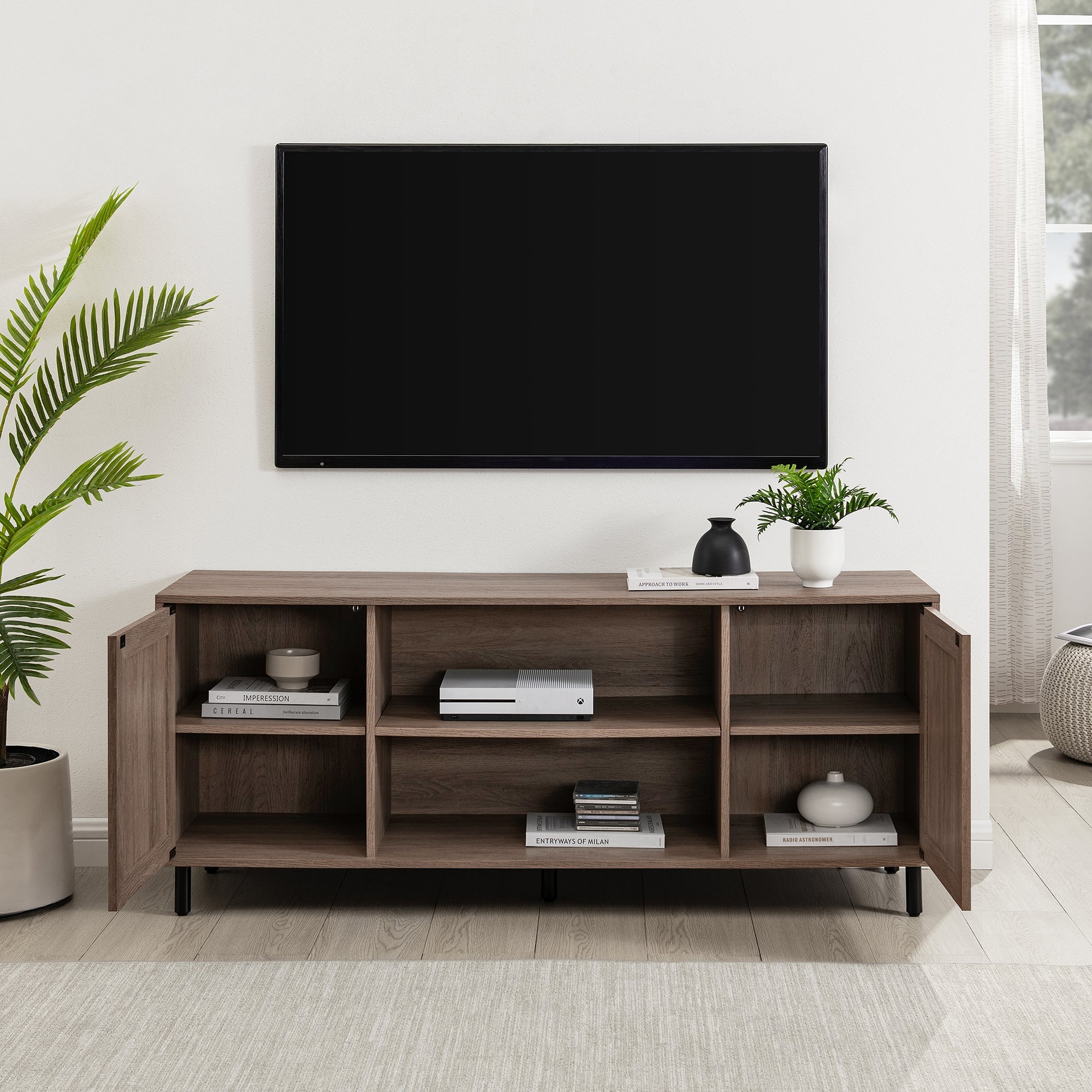 Mueble de TV de 58" con 2 puertas de madera y ratán