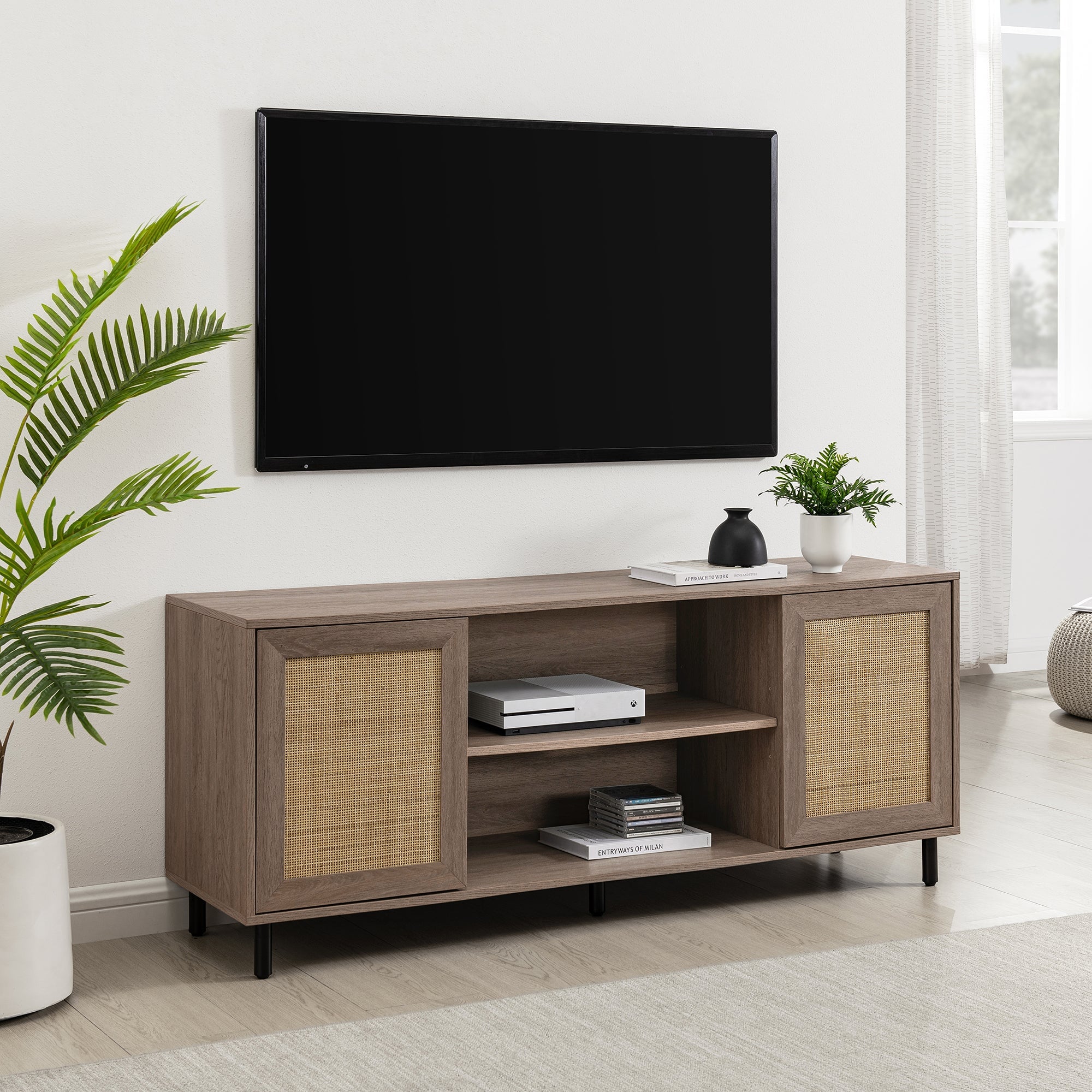 Mueble de TV de 58" con 2 puertas de madera y ratán