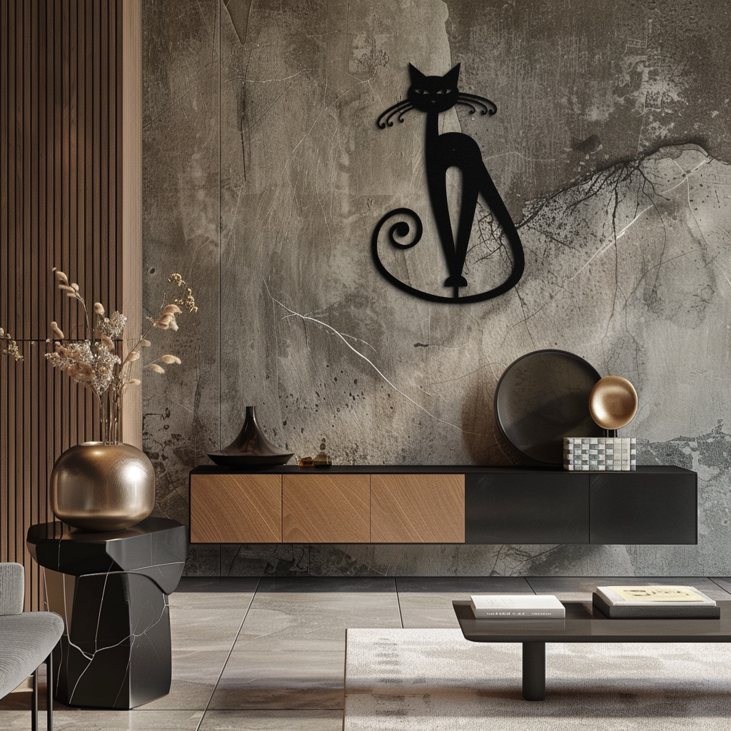 Elegant Cat Metal Wall Art - Geometric Black Metal Wall Sculpture - KAF052