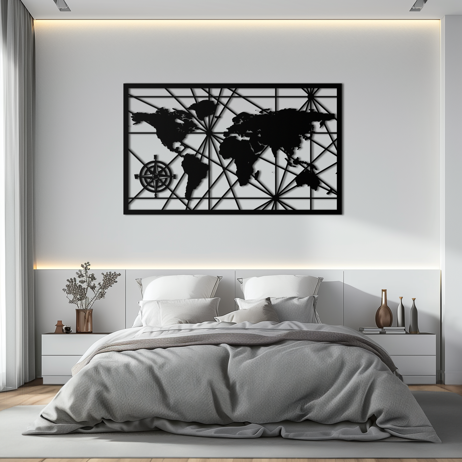 Geometric World Map Metal Wall Art - Modern Minimalist Steel Wall Decor - KAF098