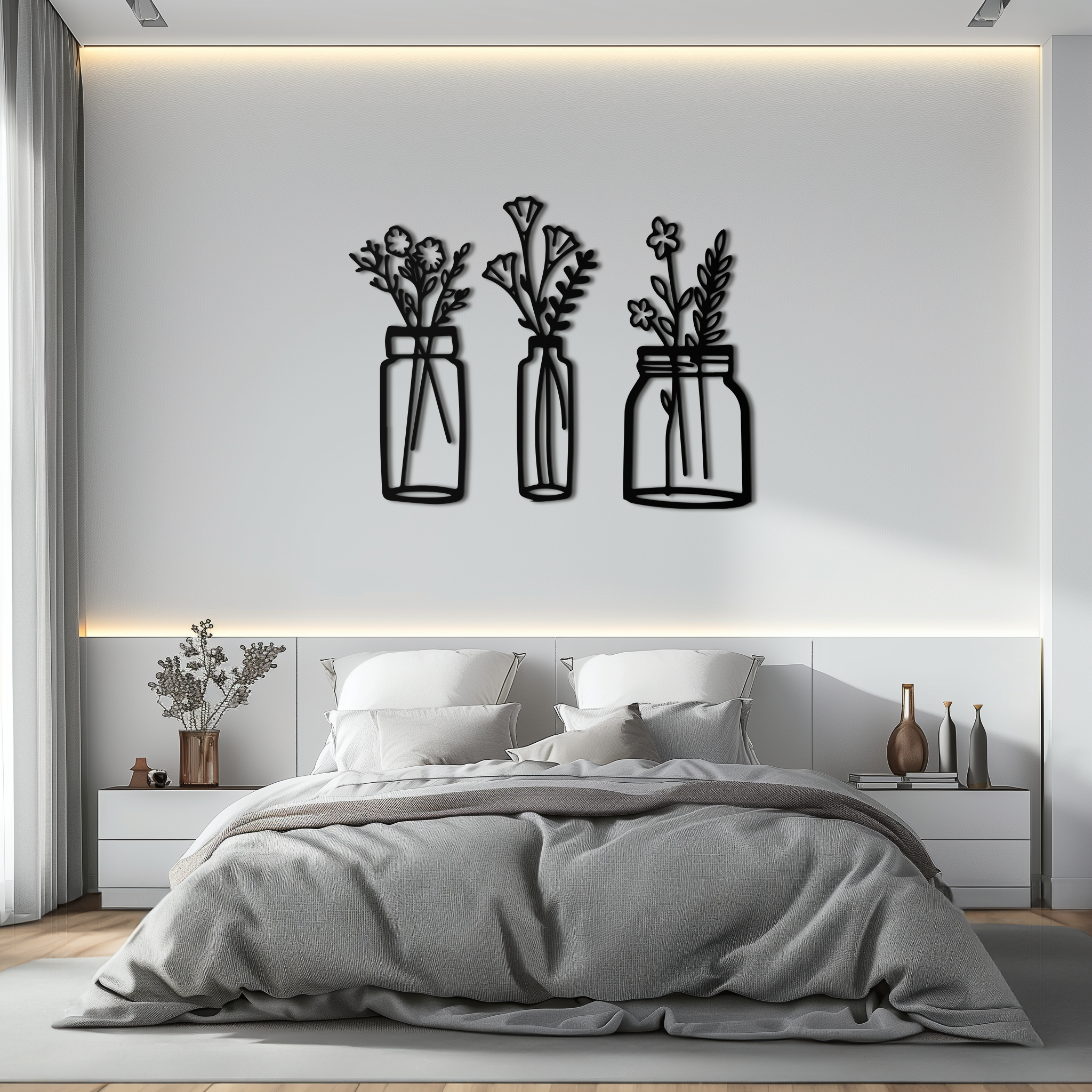 Floral Vase Metal Wall Art - 3-Piece Modern Steel Wall Decor - KAF118
