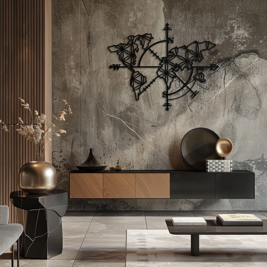 Geometric World Map Metal Wall Art - Modern Compass-Inspired Steel Decor - KAF131