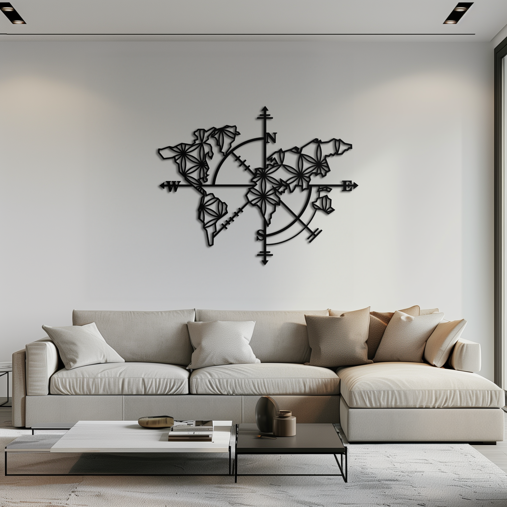 Geometric World Map Metal Wall Art - Modern Compass-Inspired Steel Decor - KAF131