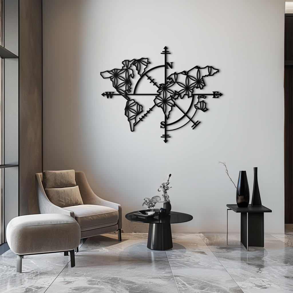 Geometric World Map Metal Wall Art - Modern Compass-Inspired Steel Decor - KAF131