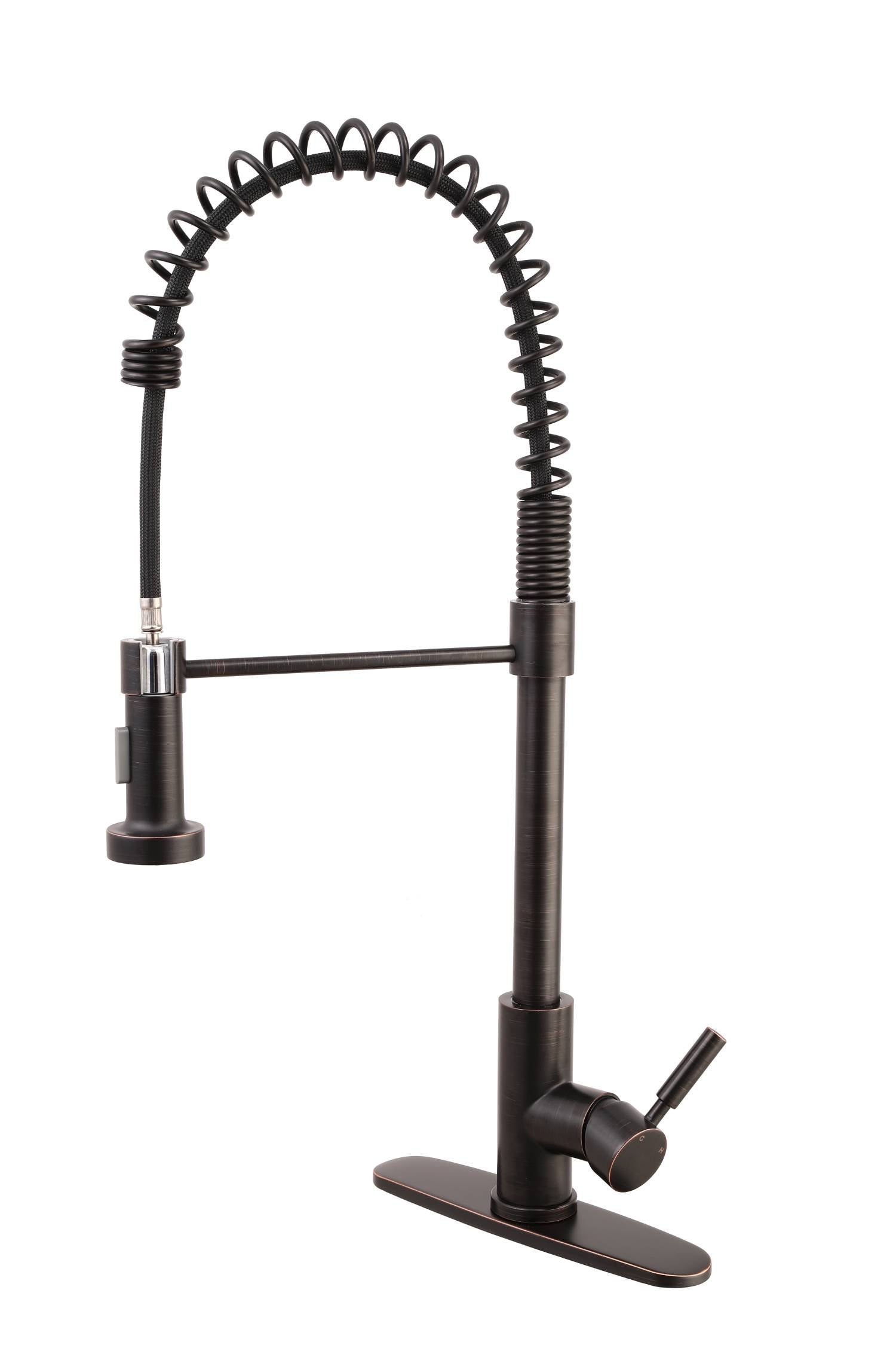 Grifo para fregadero de cocina de arco alto en bronce aceitado con rociador extraíble y placa de cubierta 