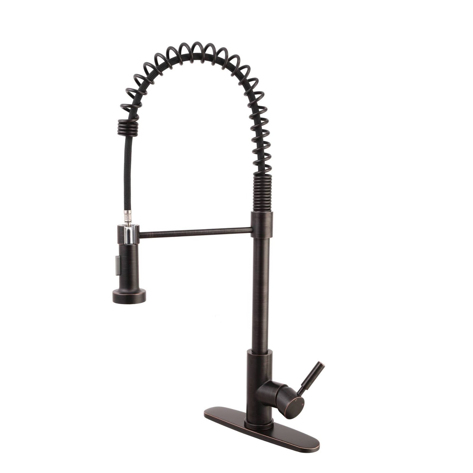 Grifo para fregadero de cocina de arco alto en bronce aceitado con rociador extraíble y placa de cubierta 