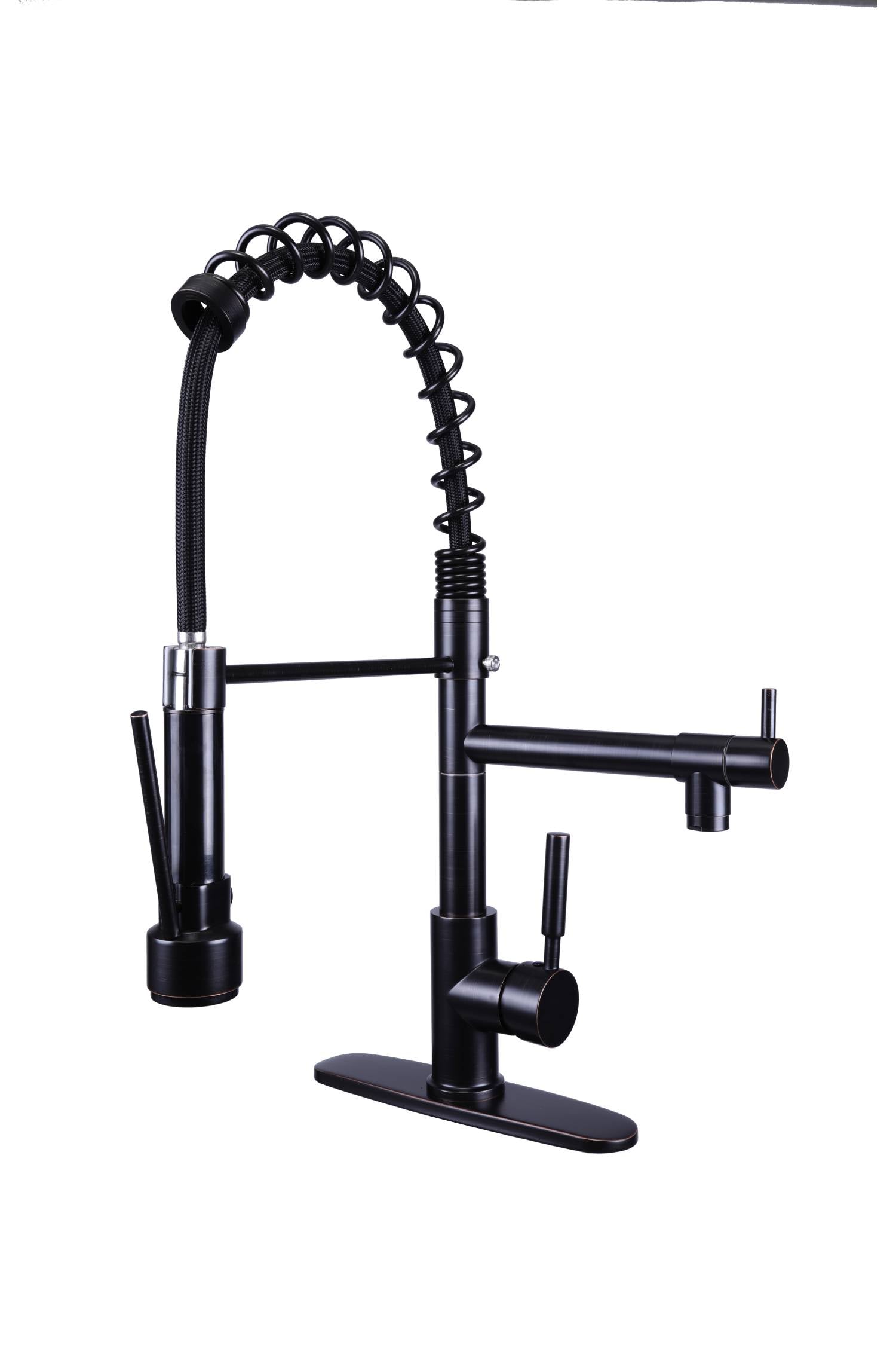 Grifo de cocina de arco alto de bronce al aceite y latón negro con rociador de metal desplegable con placa de cubierta