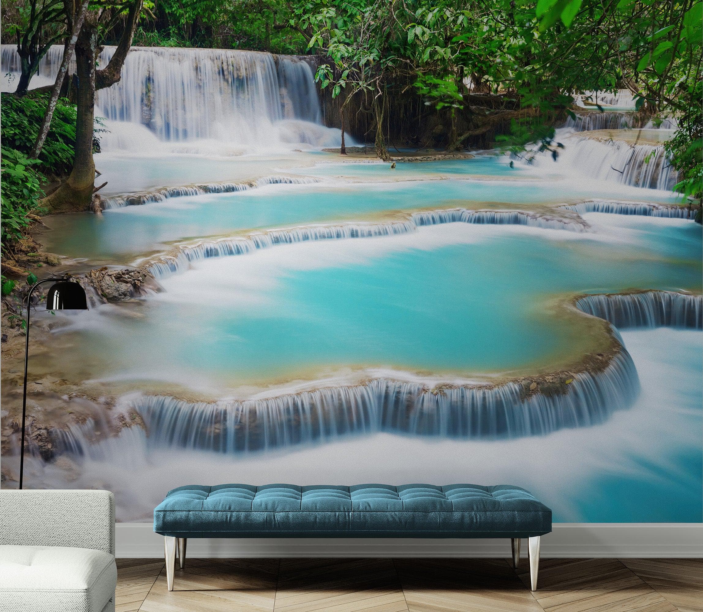 Mural de papel pintado con cascada de Kuang Si Tailandia. #6041