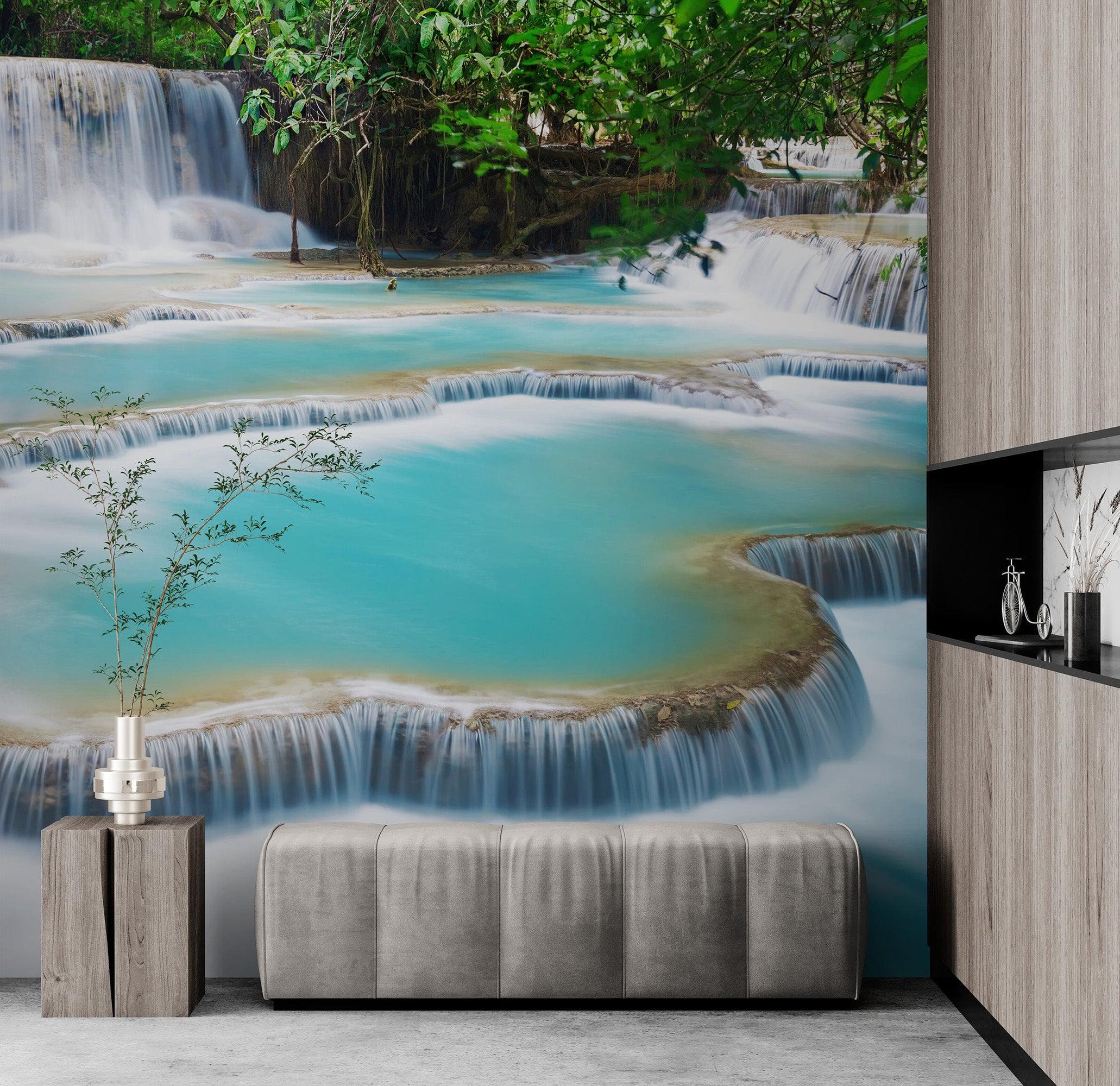 Mural de papel pintado con cascada de Kuang Si Tailandia. #6041