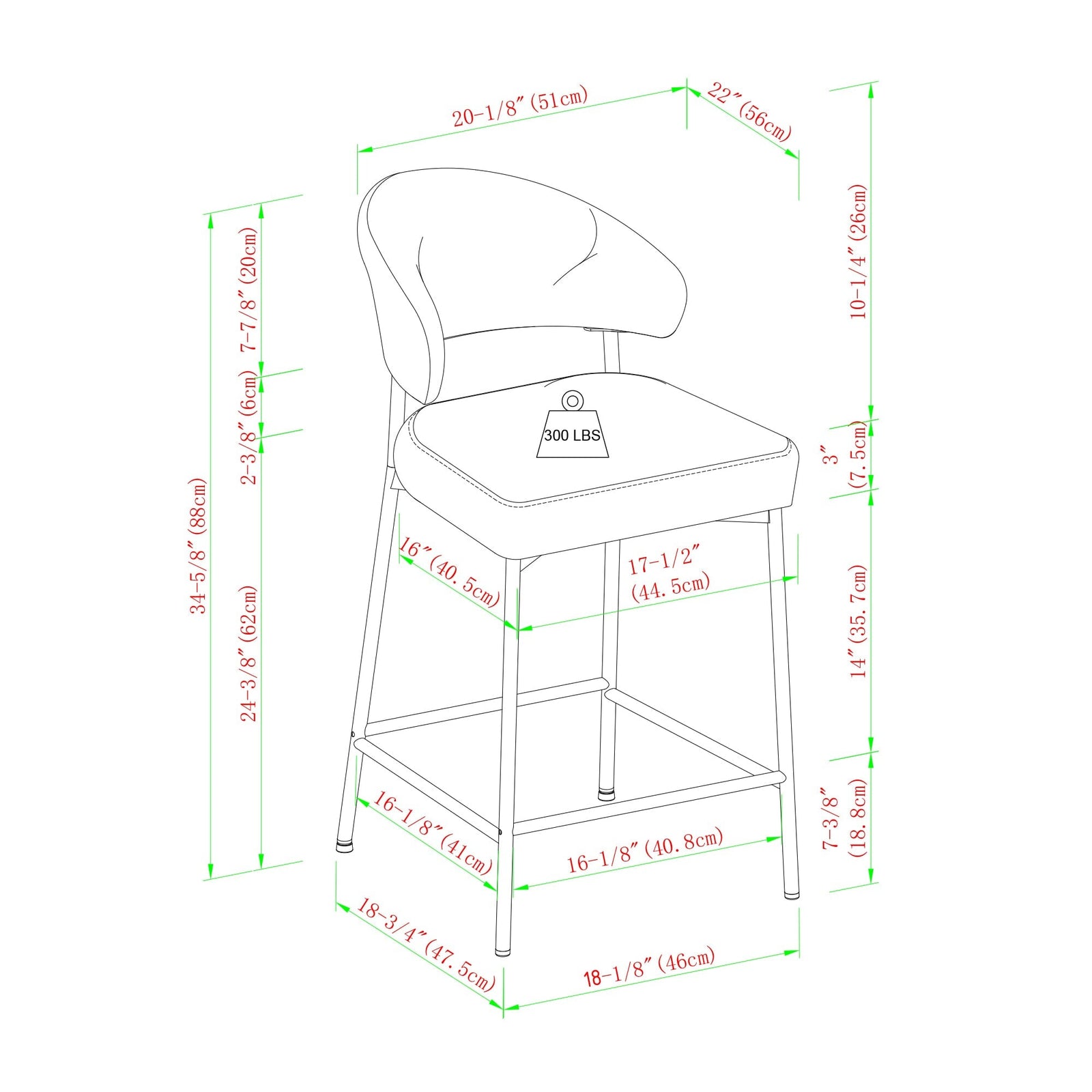 Taburete de bar curvo tapizado moderno Alexis, juego de 2
