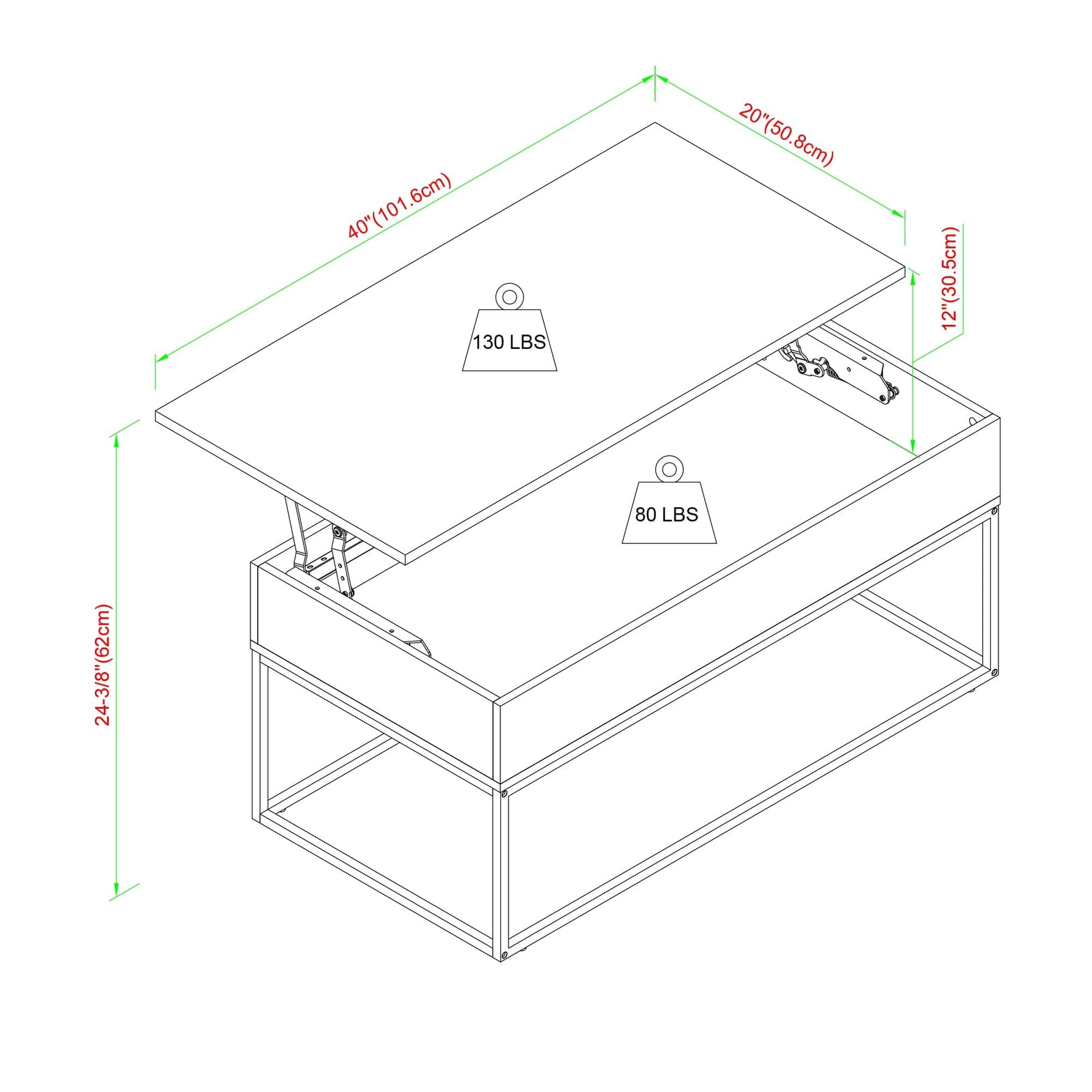 Mesa de centro elevable moderna de madera y metal de 40 pulgadas de Tyson
