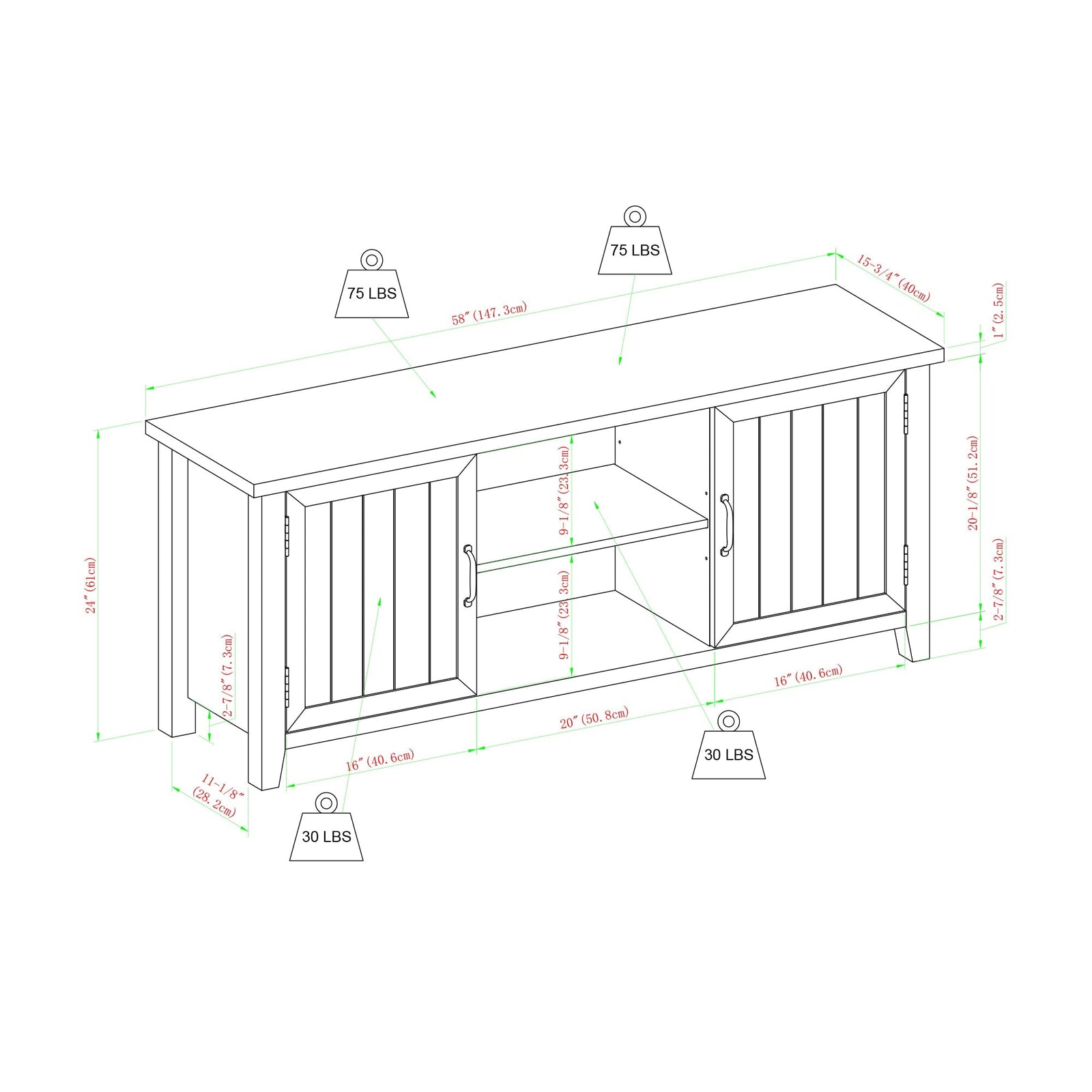 Mueble de TV de 2 puertas con ranuras moderno de 58