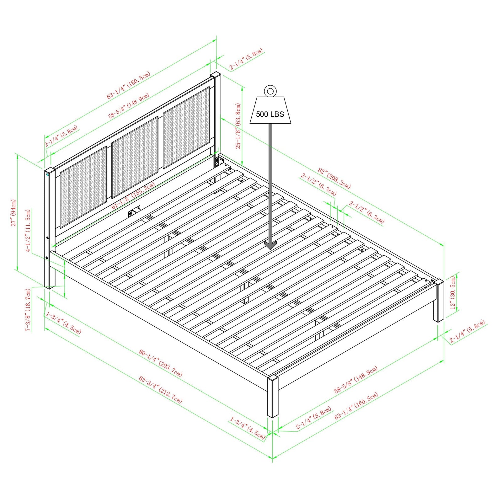 Cama Yasmina con plataforma de madera maciza y paneles de ratán (tamaño Queen o King)