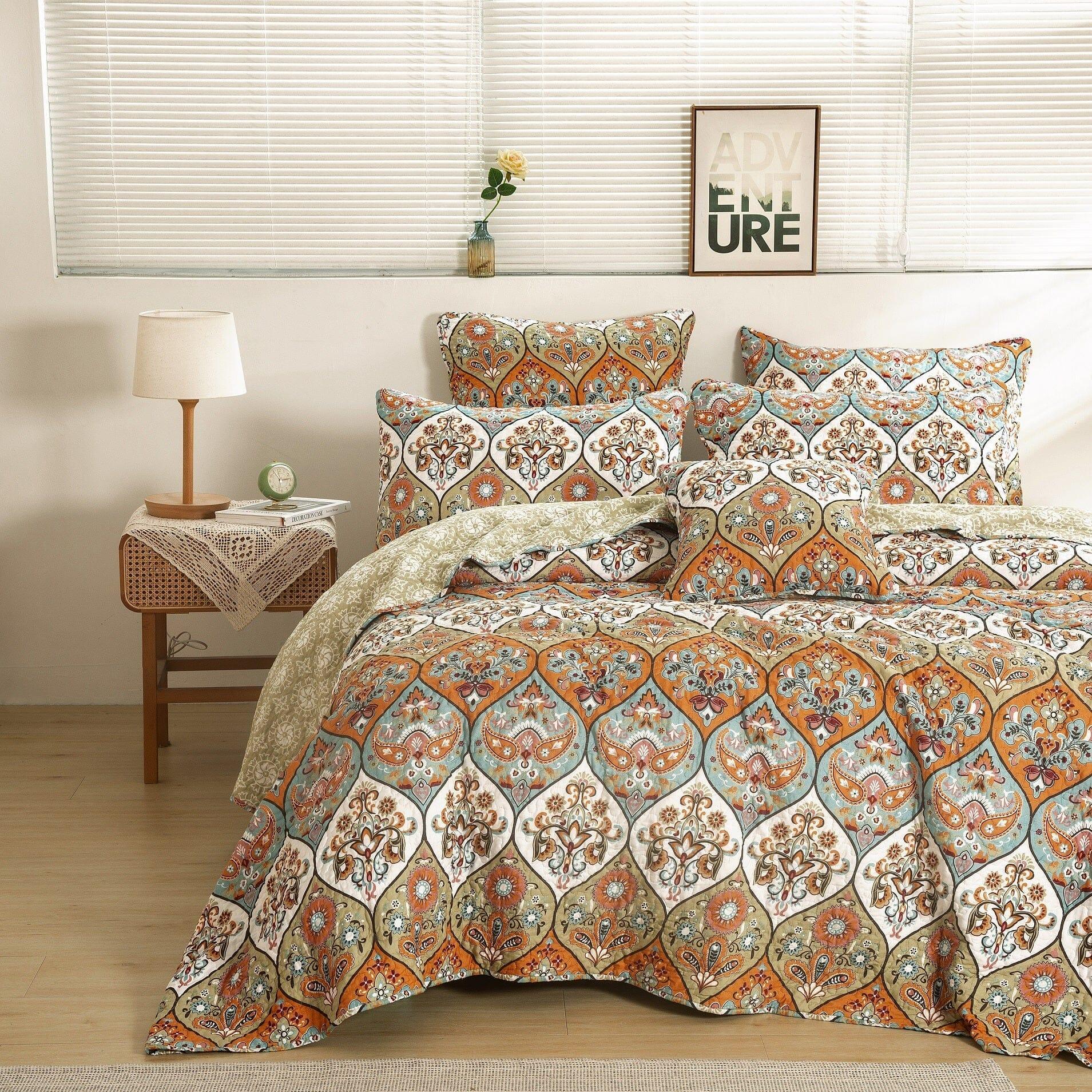 DaDa Bedding Bohemian Floral Paisley Garden Coral Teal Quilted Bedspread Set (LH1403)