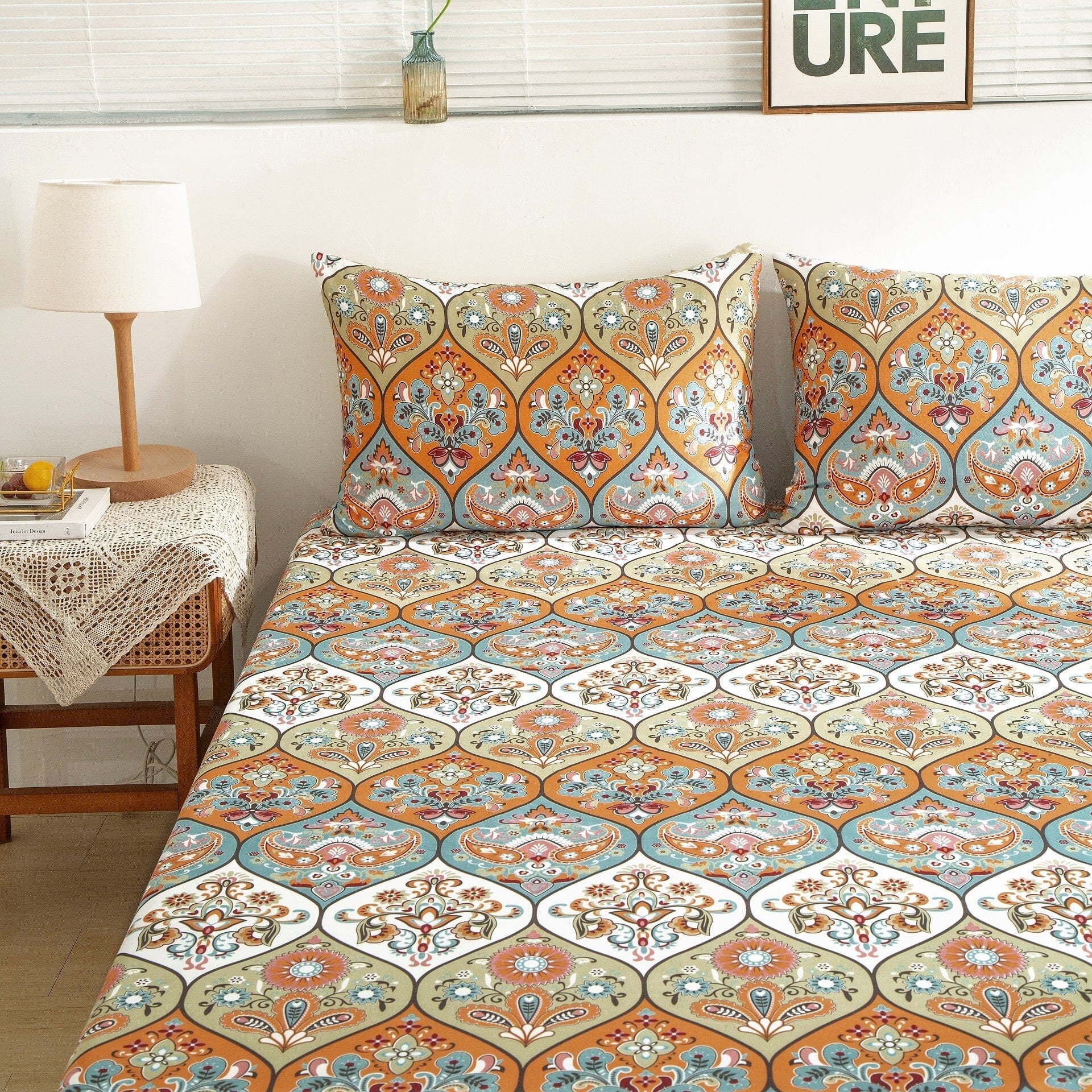 DaDa Bedding Bohemian Fitted Sheet w/Pillow Cases - Coral Teal Floral Paisley Botanical Garden Party - Bright Vibrant Multi-Colorful Blue Salmon Pink