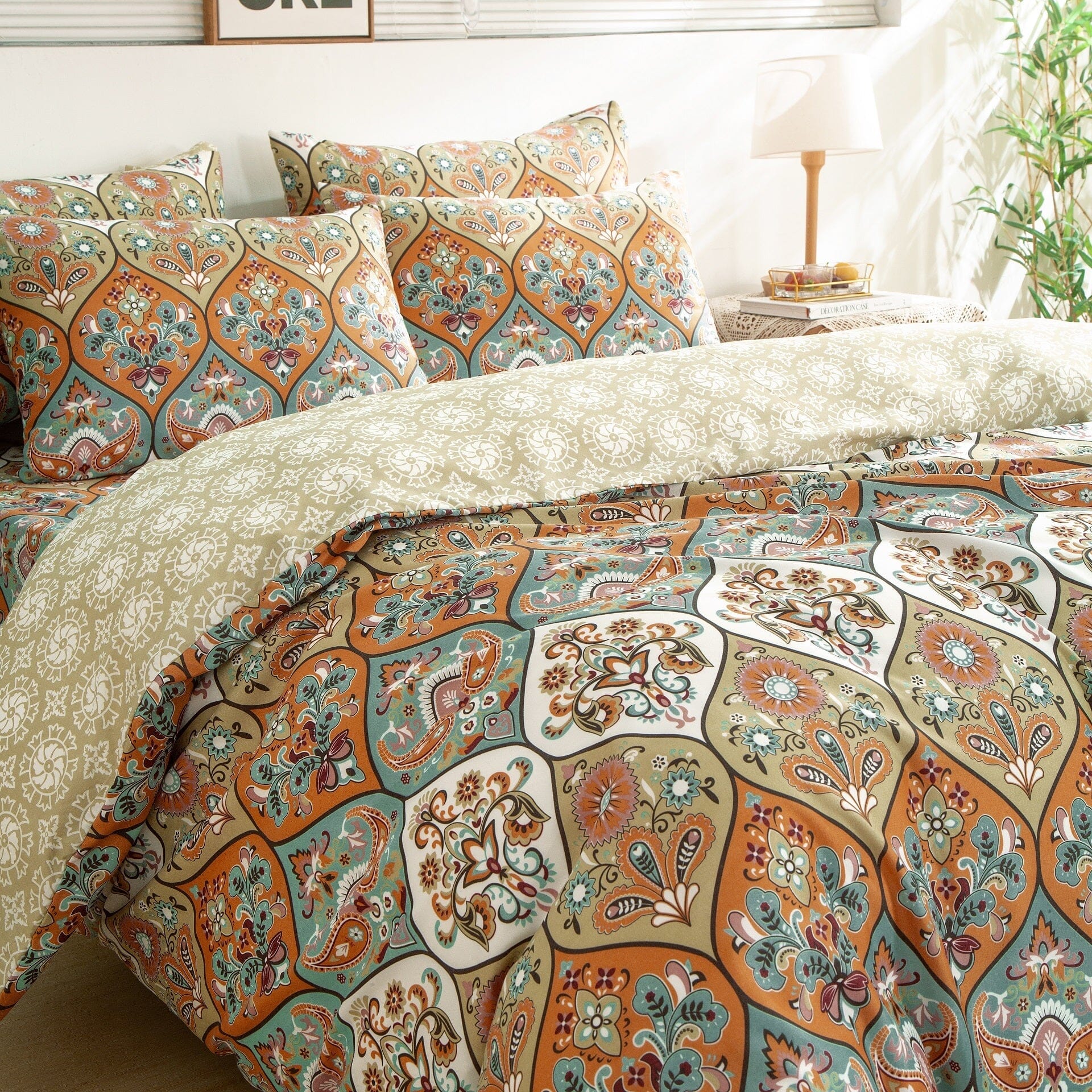 DaDalogy Bedding Bohemian Duvet Cover w/Pillow Cases - Reversible Coral Teal Floral Paisley Botanical Garden Party - Bright Vibrant Multi-Colorful Blue Salmon Pink