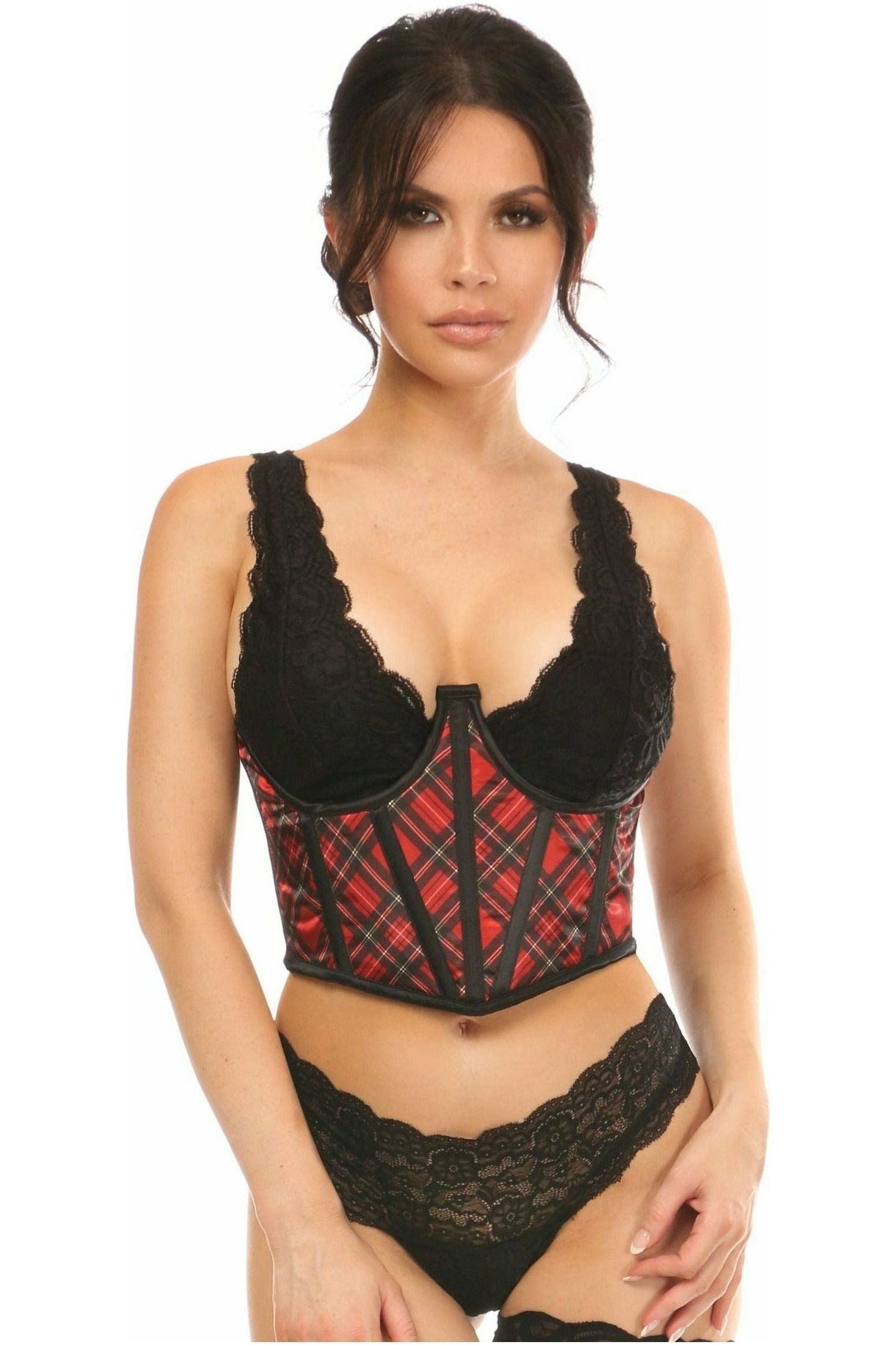 Lavish Red Plaid Satin Open Cup Waist Cincher