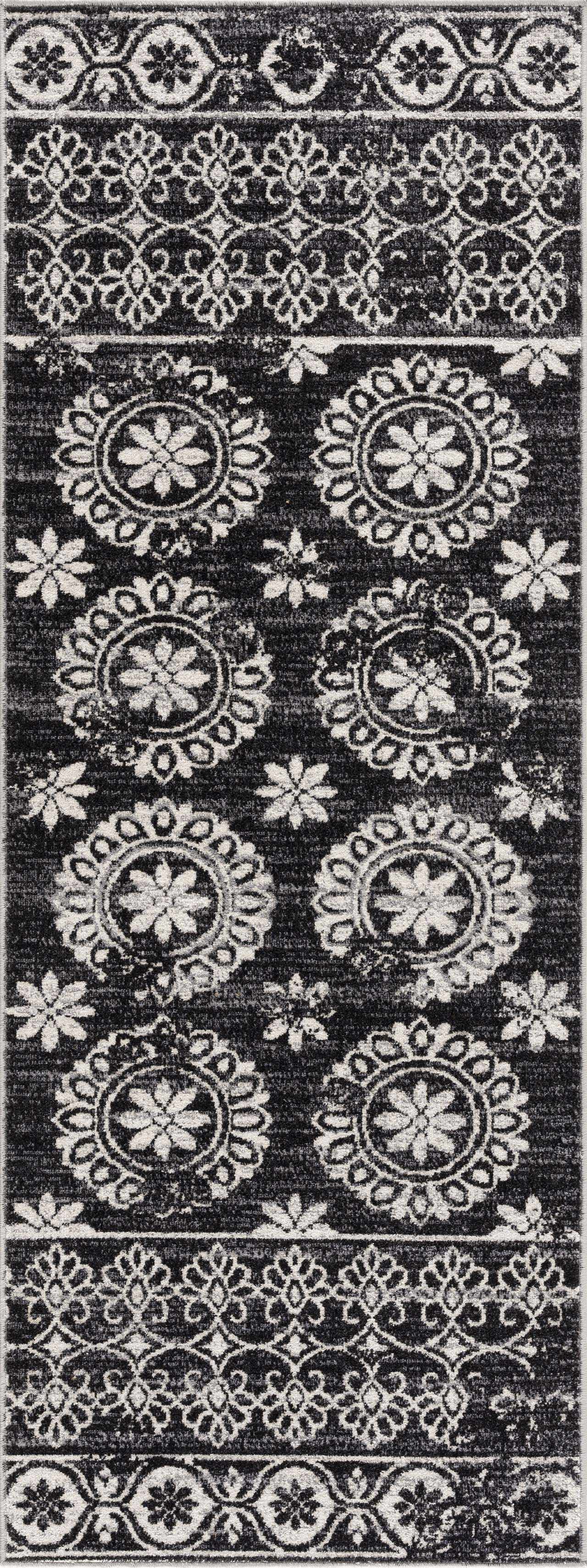 Alfombra lavable con diseño floral en blanco y negro de Kahraman