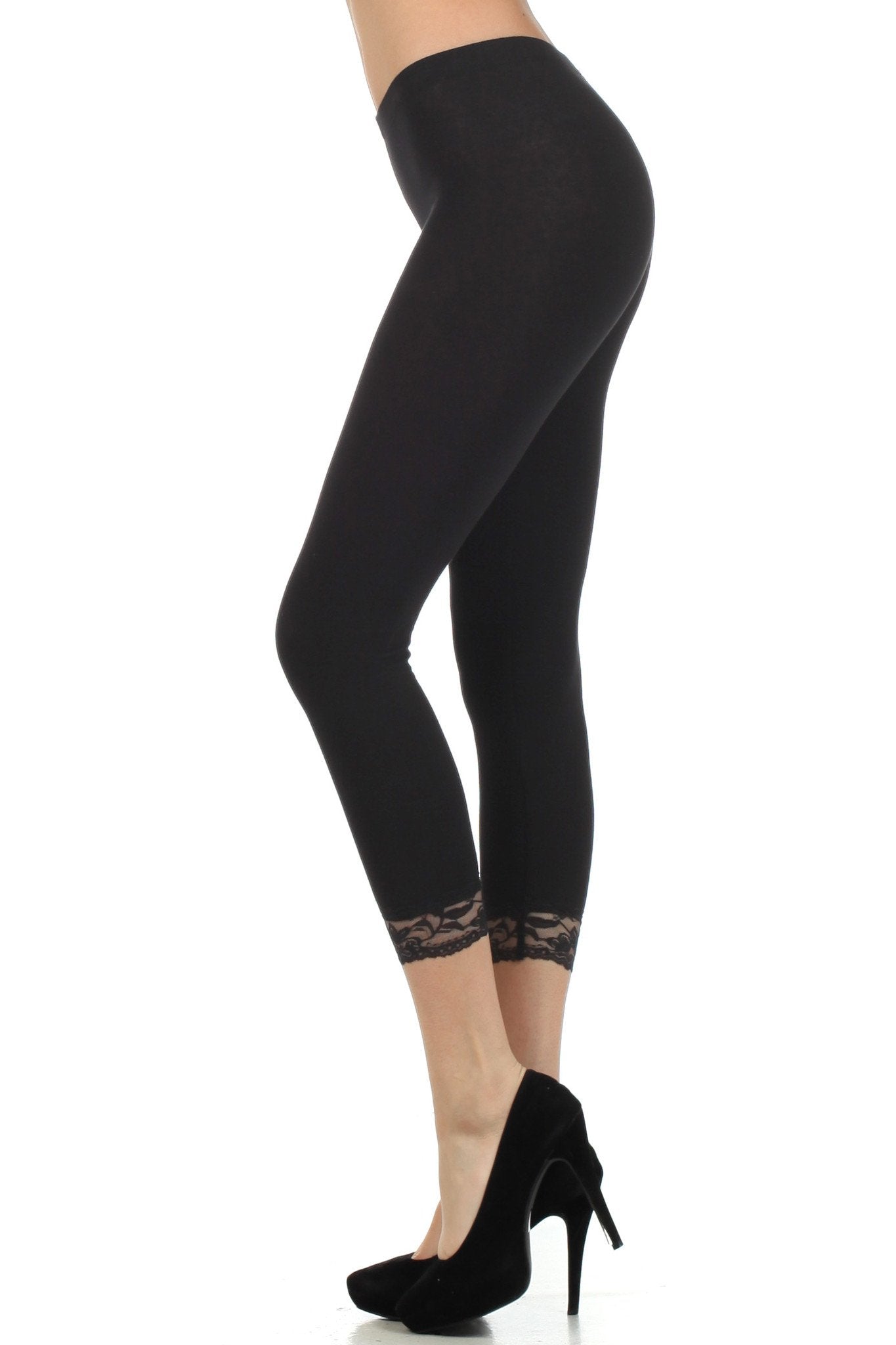 Leggings capri elásticos con ribete de encaje de mezcla de algodón Sakkas - Fabricados en EE. UU.
