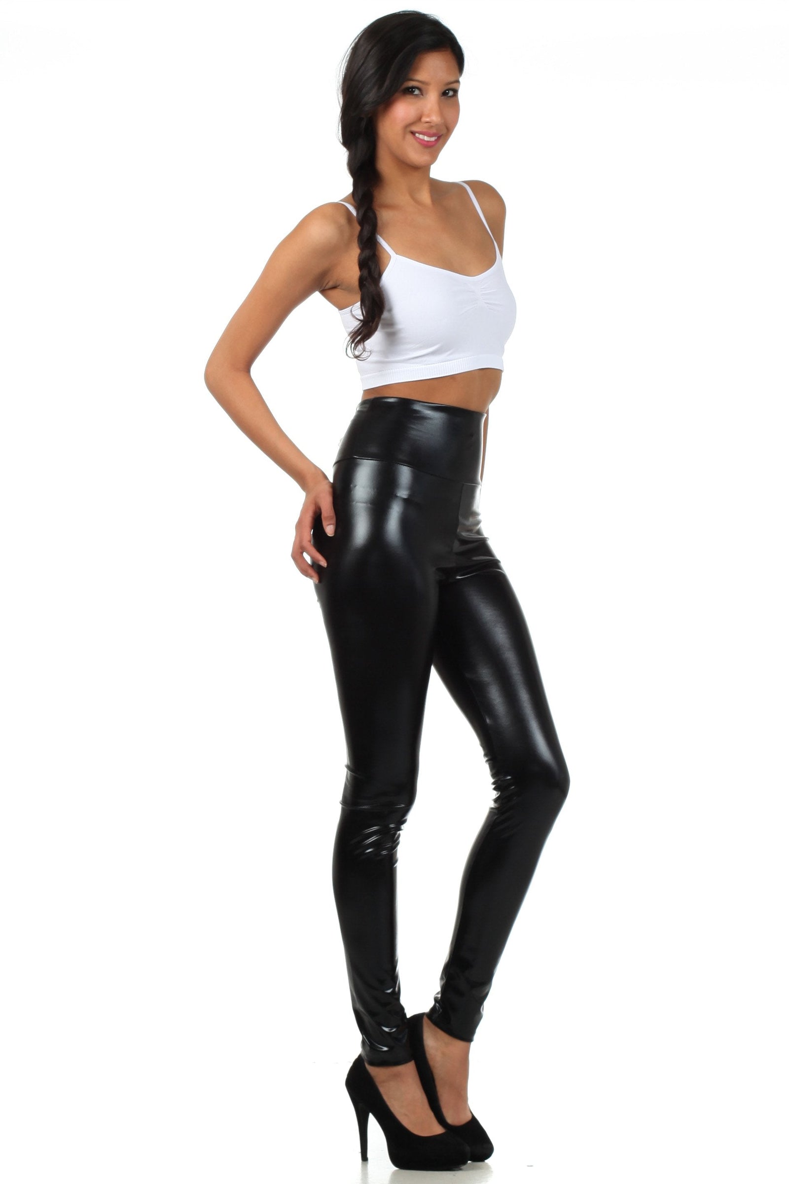 Leggings elásticos de cintura alta con efecto metalizado líquido brillante de Sakkas - Fabricados en EE. UU.