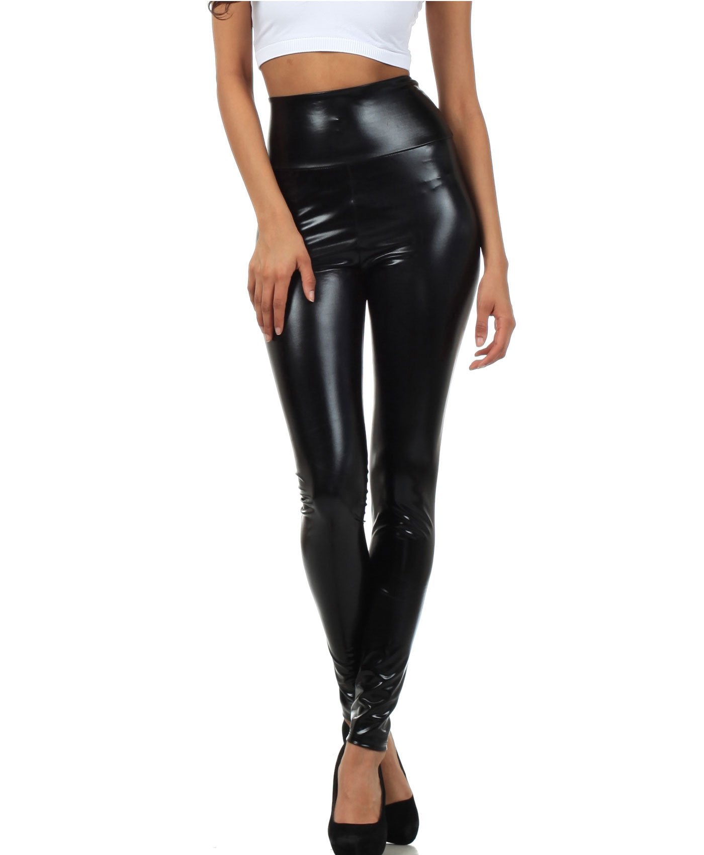 Leggings elásticos de cintura alta con efecto metalizado líquido brillante de Sakkas - Fabricados en EE. UU.