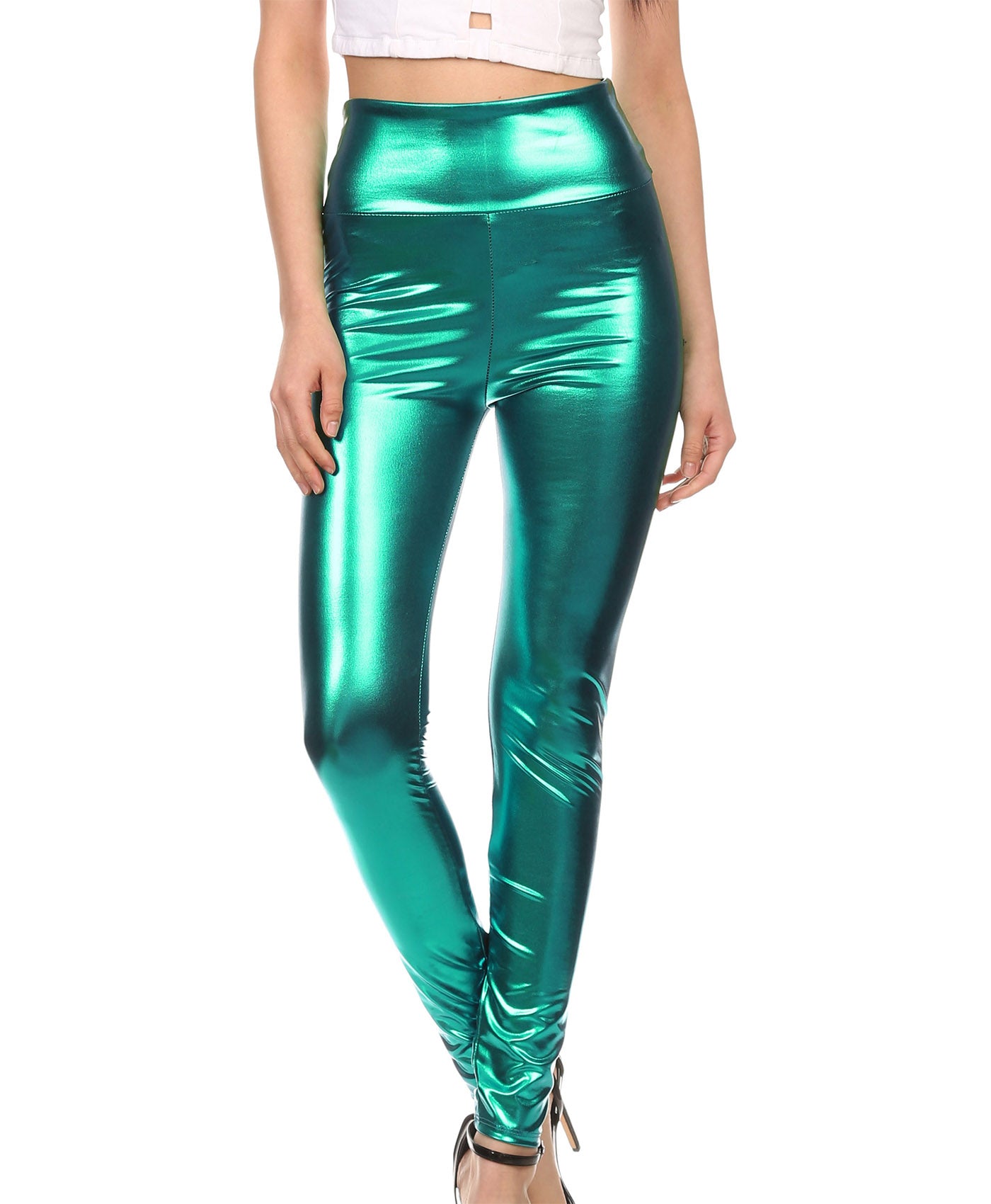 Leggings elásticos de cintura alta con efecto metalizado líquido brillante de Sakkas - Fabricados en EE. UU.