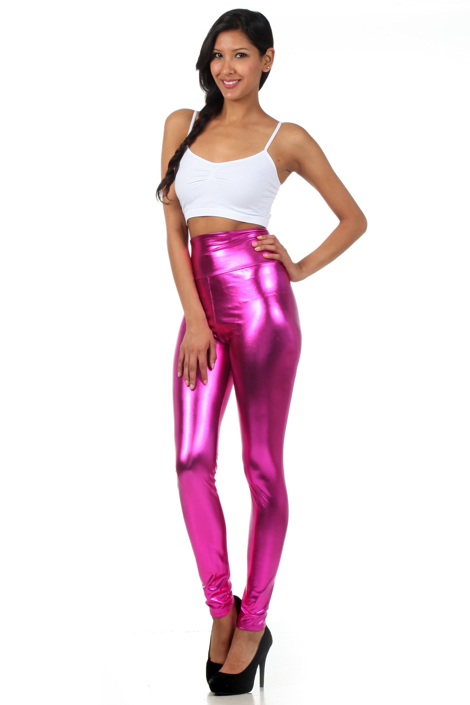 Leggings elásticos de cintura alta con efecto metalizado líquido brillante de Sakkas - Fabricados en EE. UU.