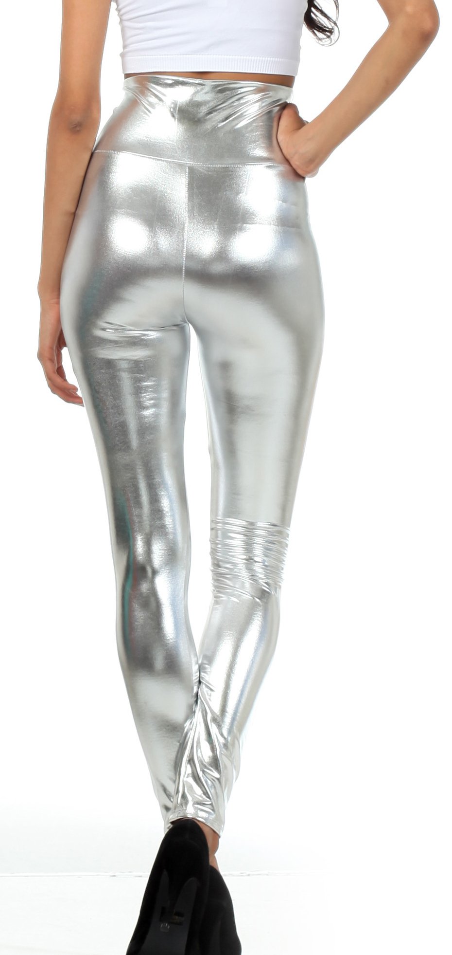 Leggings elásticos de cintura alta con efecto metalizado líquido brillante de Sakkas - Fabricados en EE. UU.