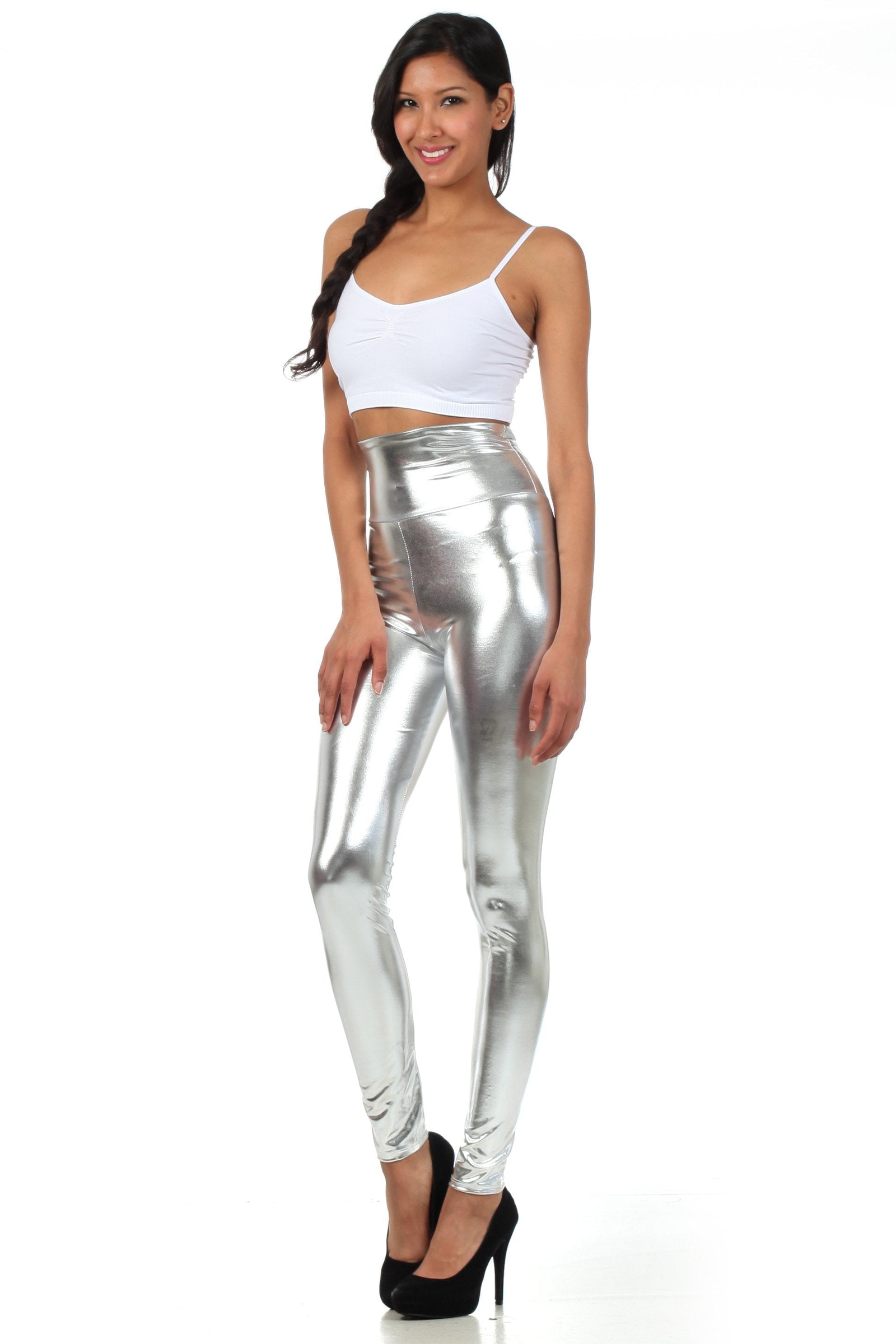 Leggings elásticos de cintura alta con efecto metalizado líquido brillante de Sakkas - Fabricados en EE. UU.