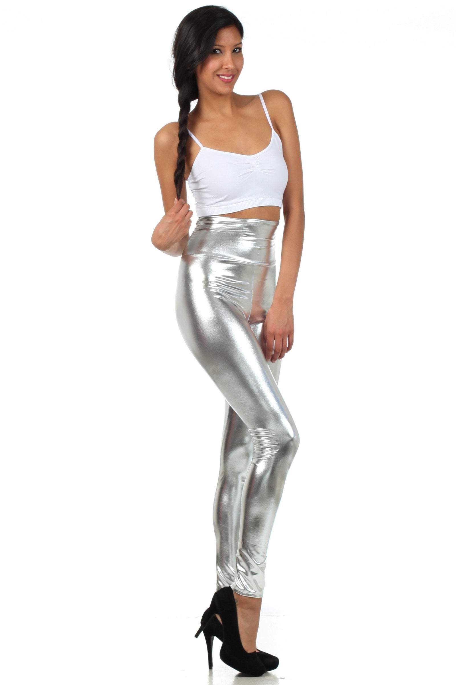 Leggings elásticos de cintura alta con efecto metalizado líquido brillante de Sakkas - Fabricados en EE. UU.