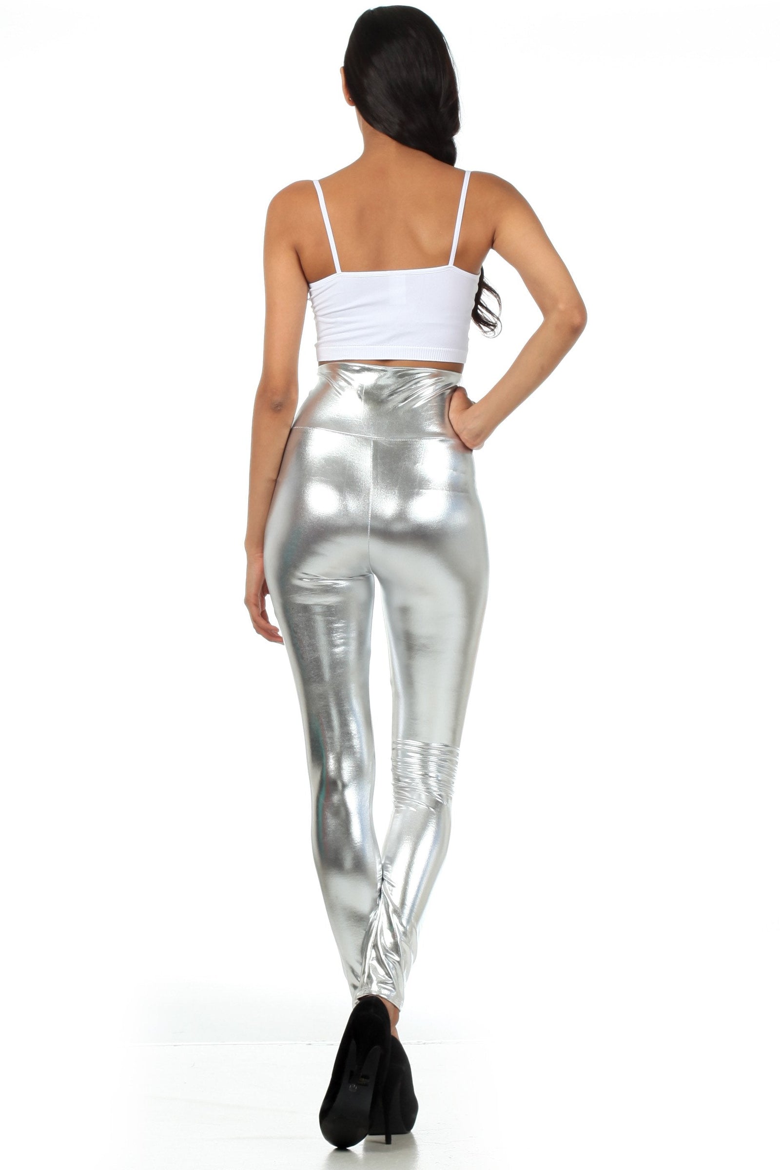 Leggings elásticos de cintura alta con efecto metalizado líquido brillante de Sakkas - Fabricados en EE. UU.