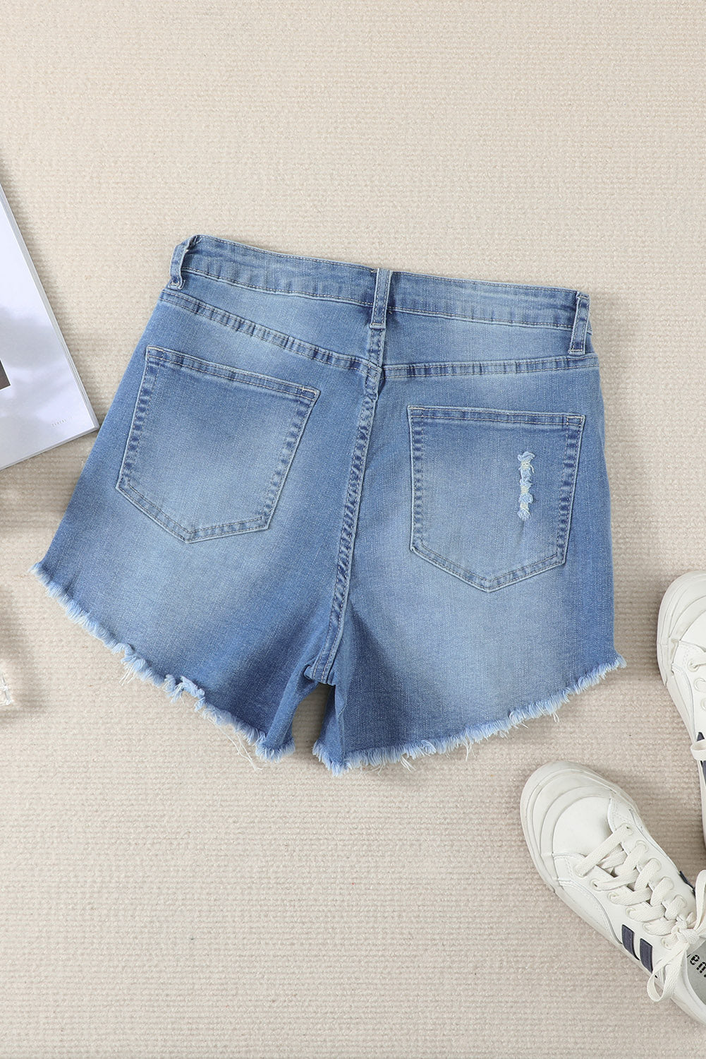 Fashionable Distressed Denim Shorts, Frayed Hem