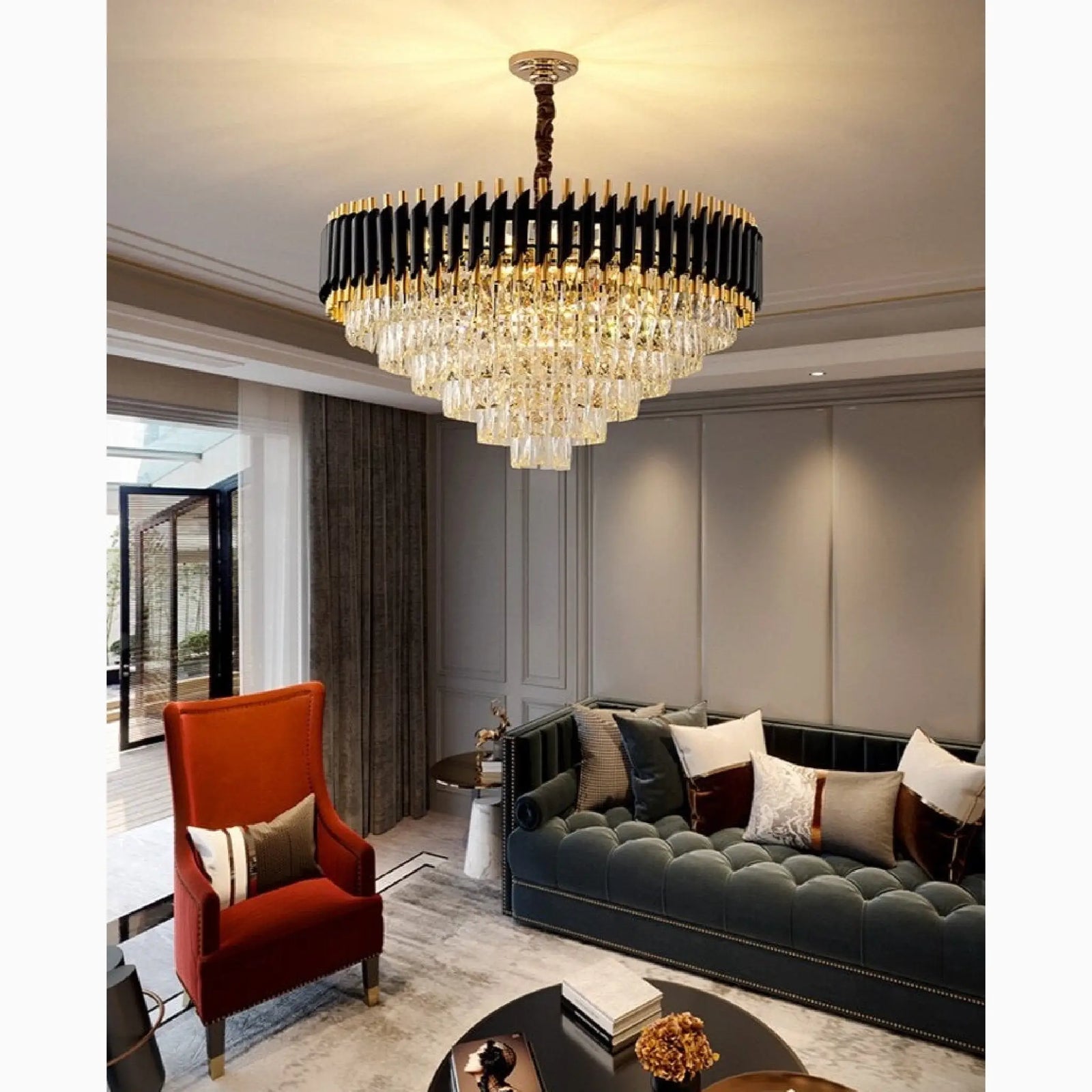 Alfonsine | Lámpara colgante de cristal negro de lujo con luces LED para sala de estar