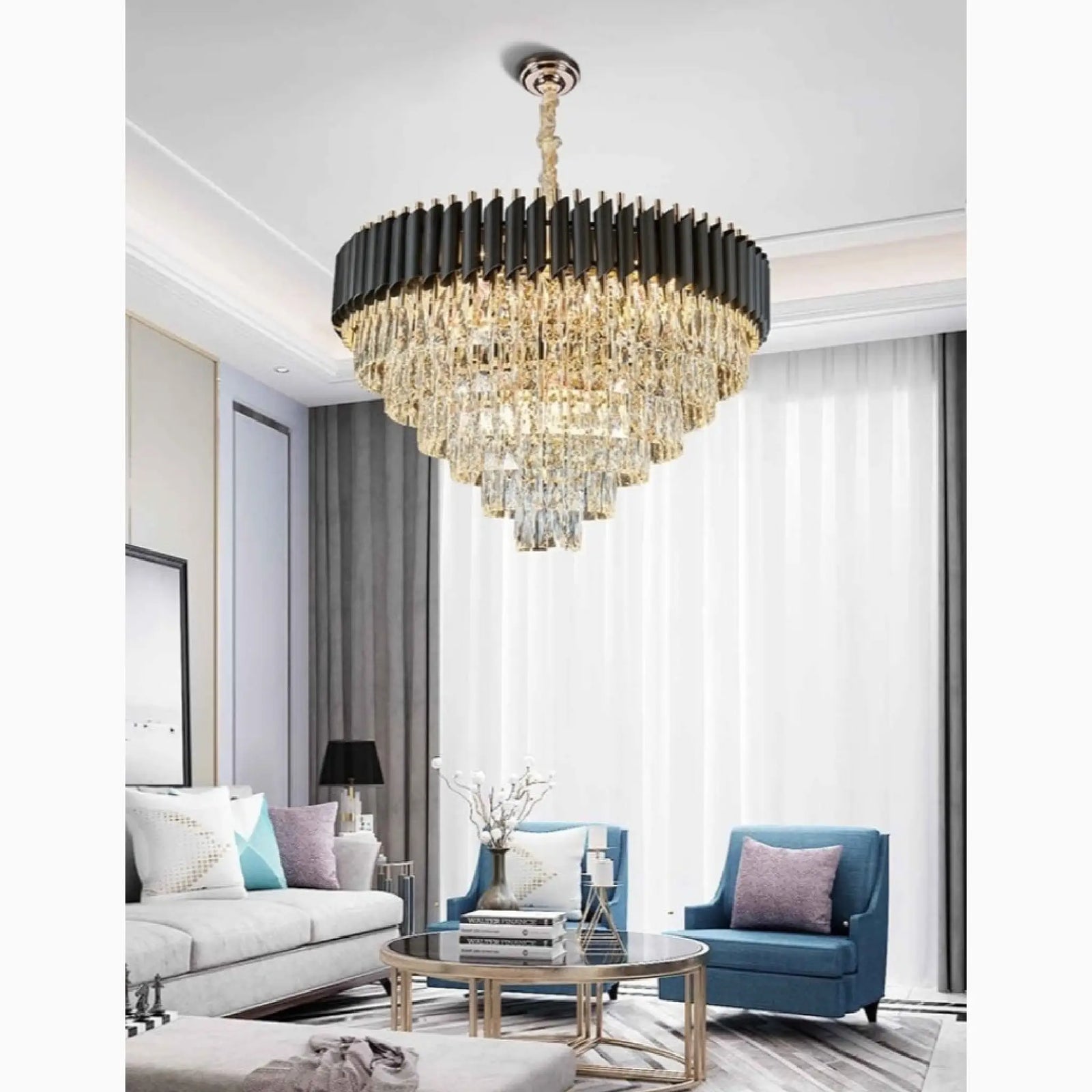 Alfonsine | Lámpara colgante de cristal negro de lujo con luces LED para sala de estar