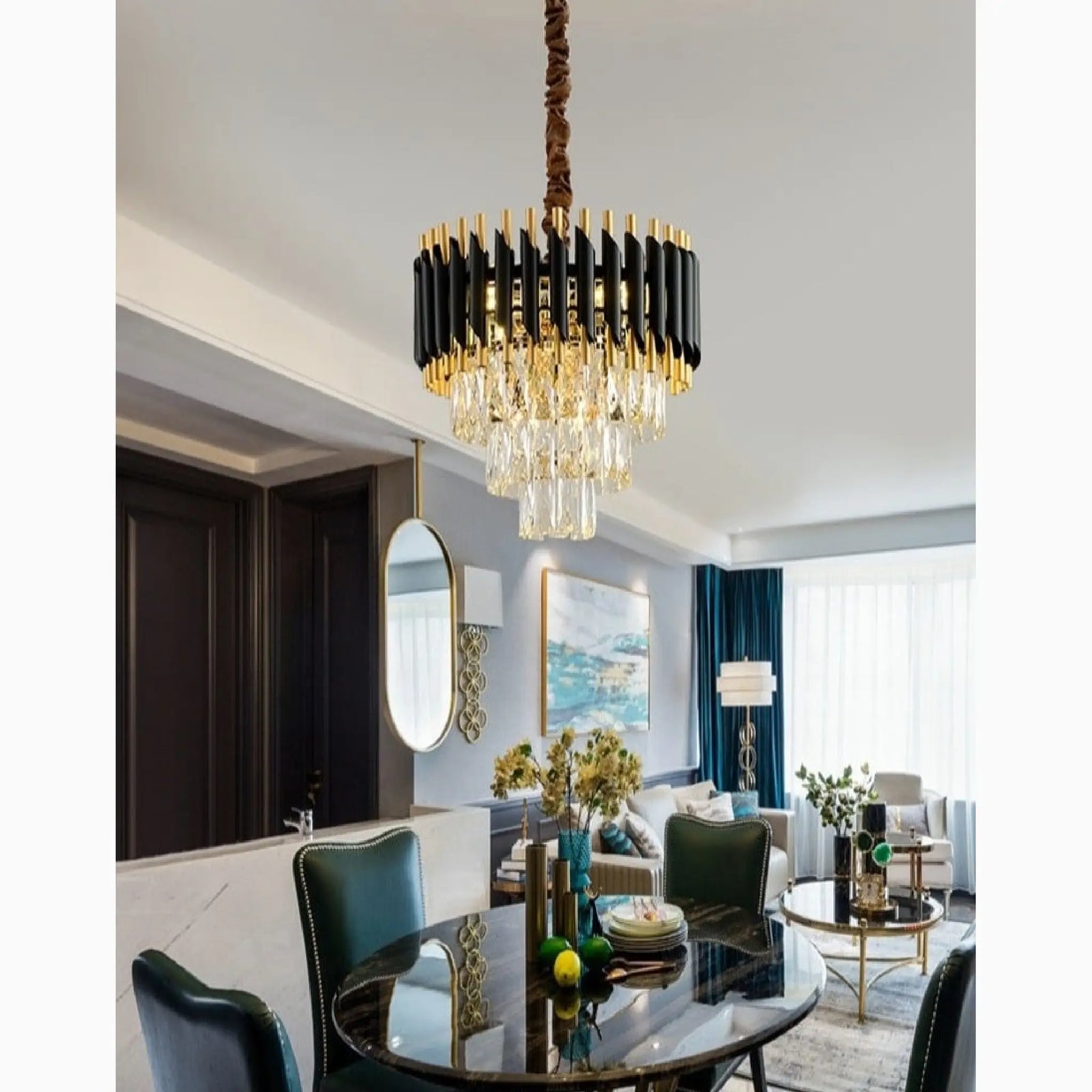 Alfonsine | Lámpara colgante de cristal negro de lujo con luces LED para sala de estar