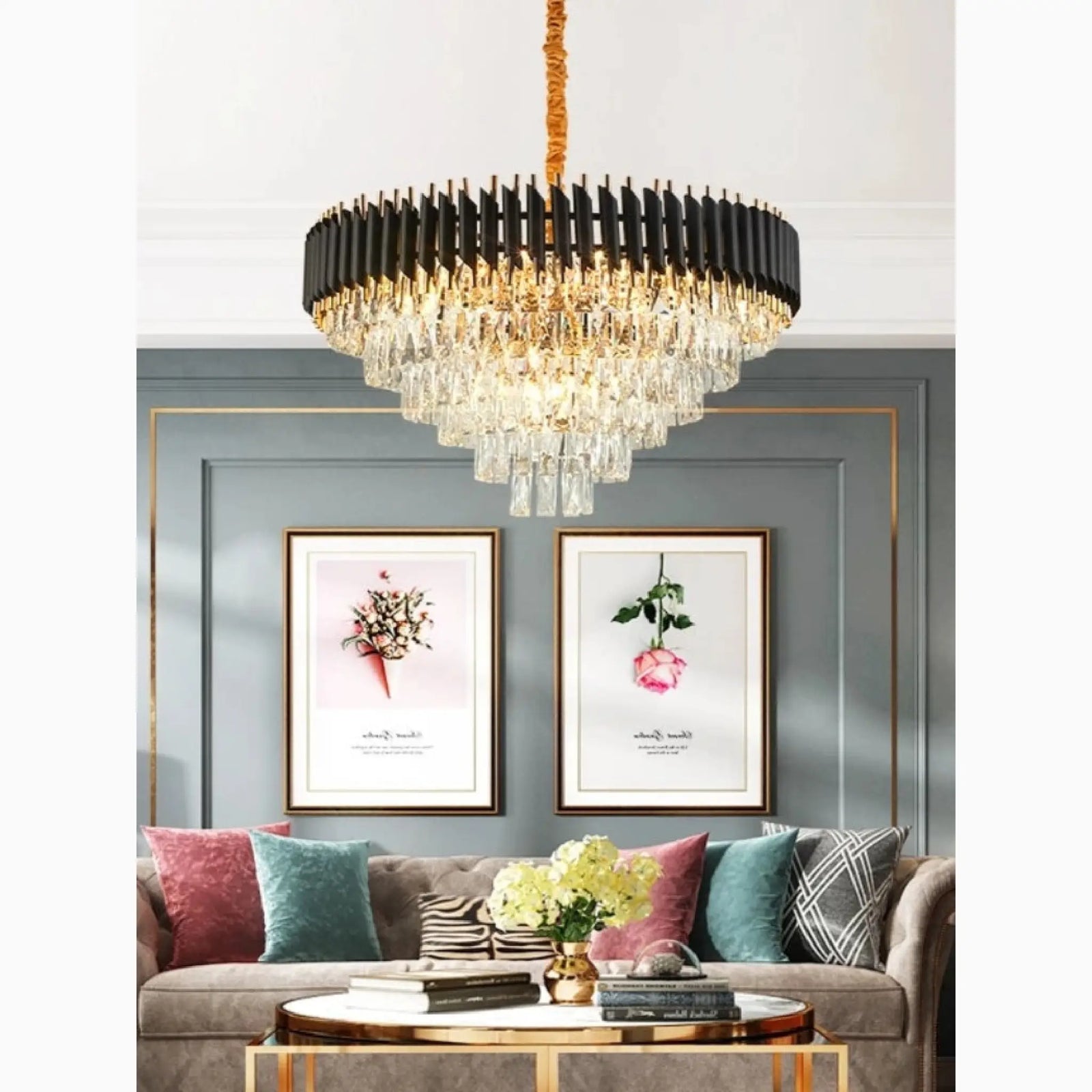 Alfonsine | Lámpara colgante de cristal negro de lujo con luces LED para sala de estar