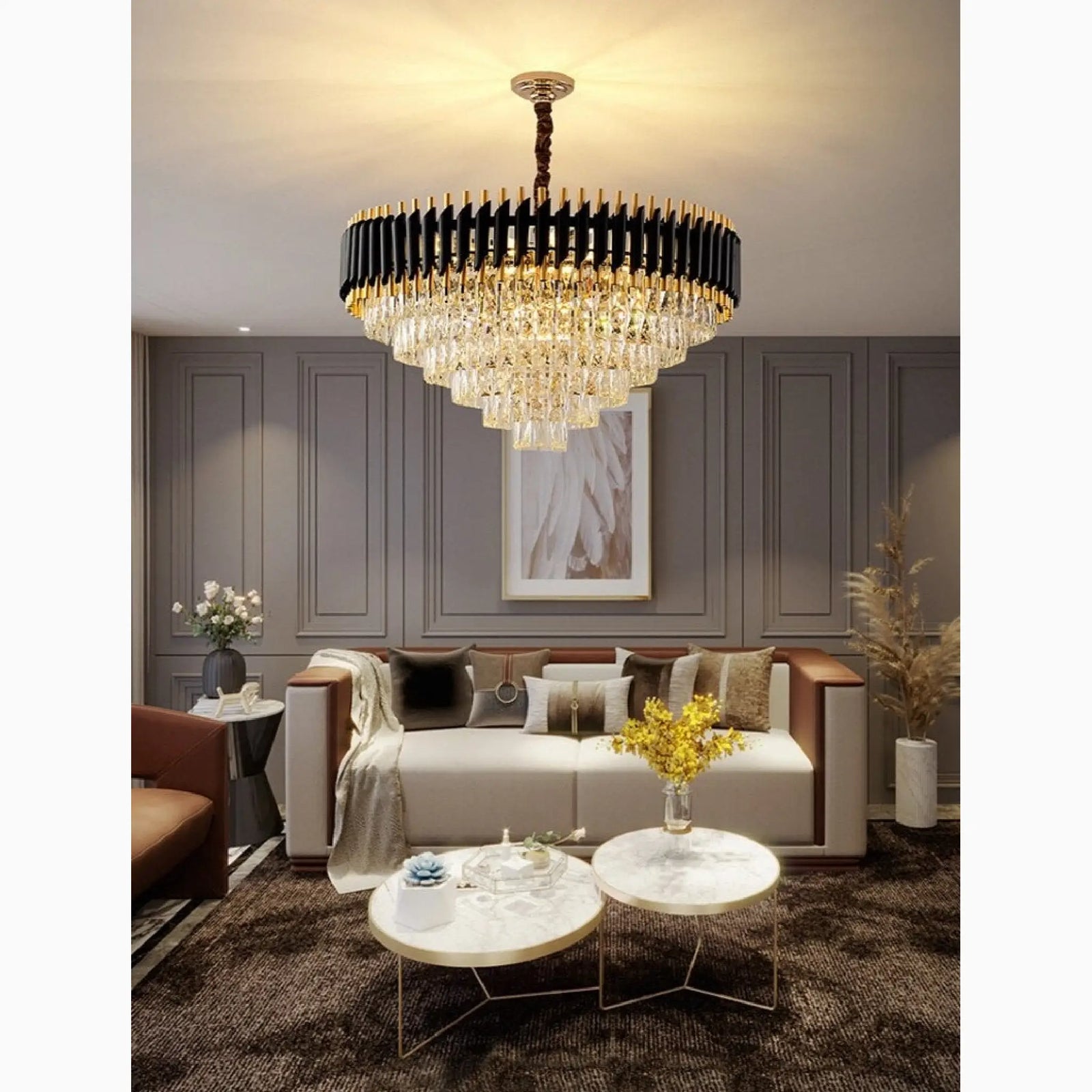 Alfonsine | Lámpara colgante de cristal negro de lujo con luces LED para sala de estar